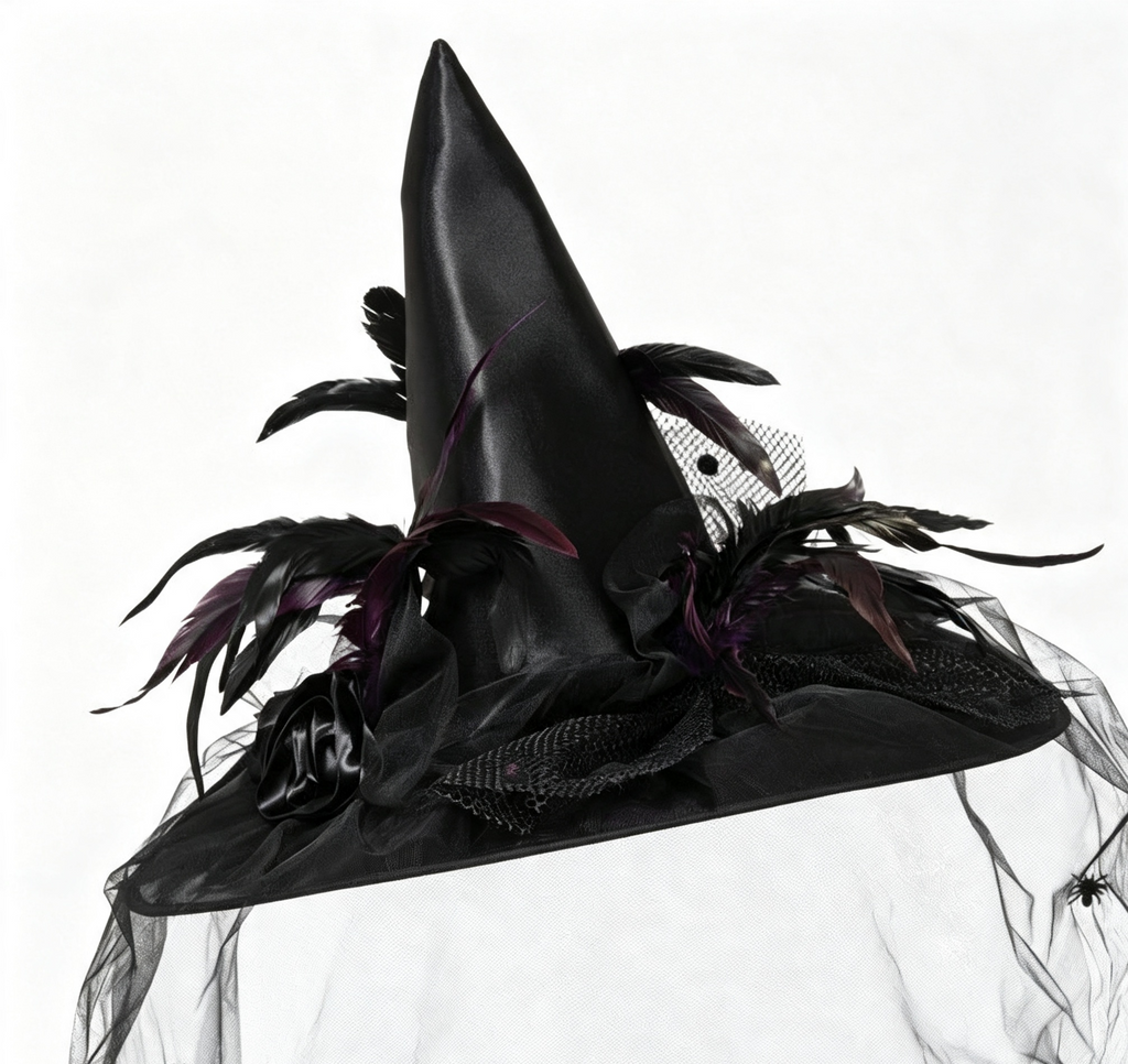 Feathered Witch Hat With Gathered Tulle Brim - Black