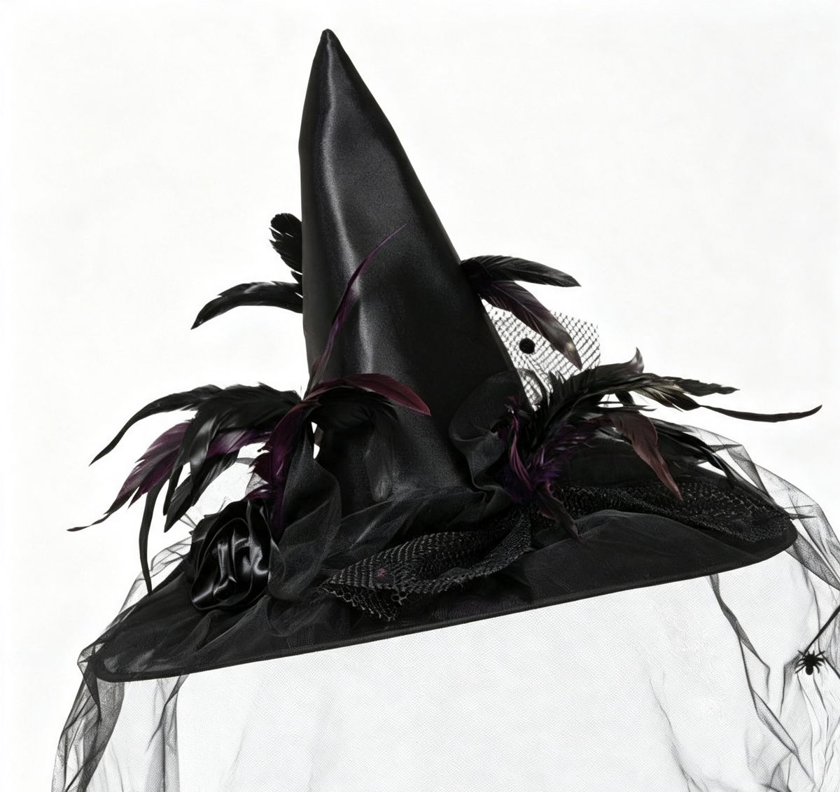 Feathered Witch Hat With Gathered Tulle Brim - Black