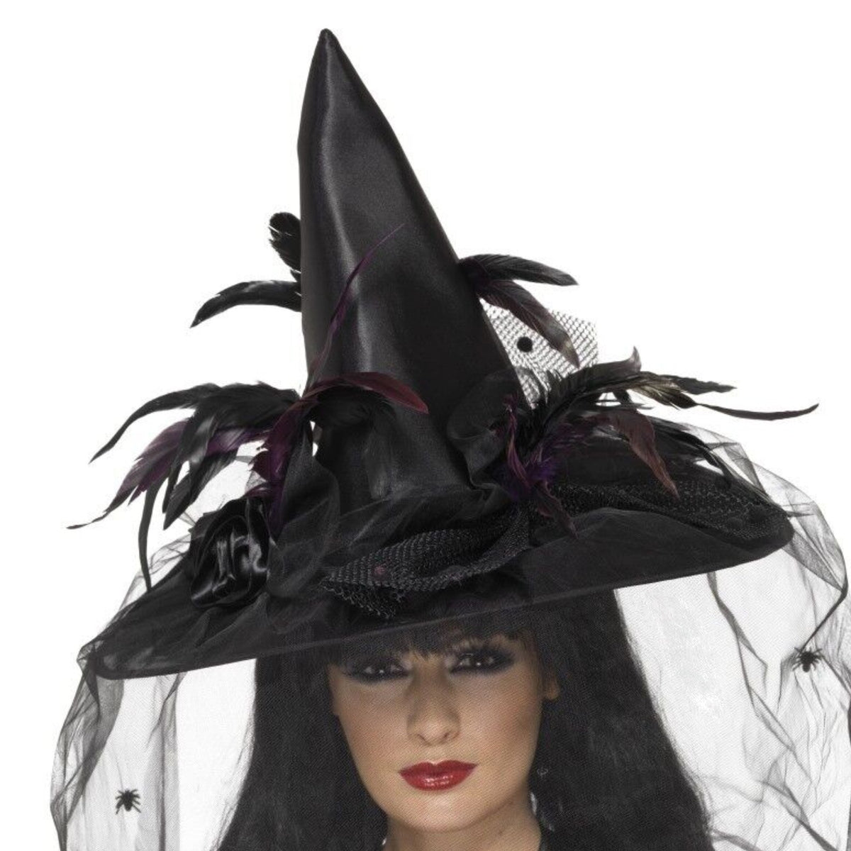 Feathered Witch Hat With Gathered Tulle Brim - Black - 1