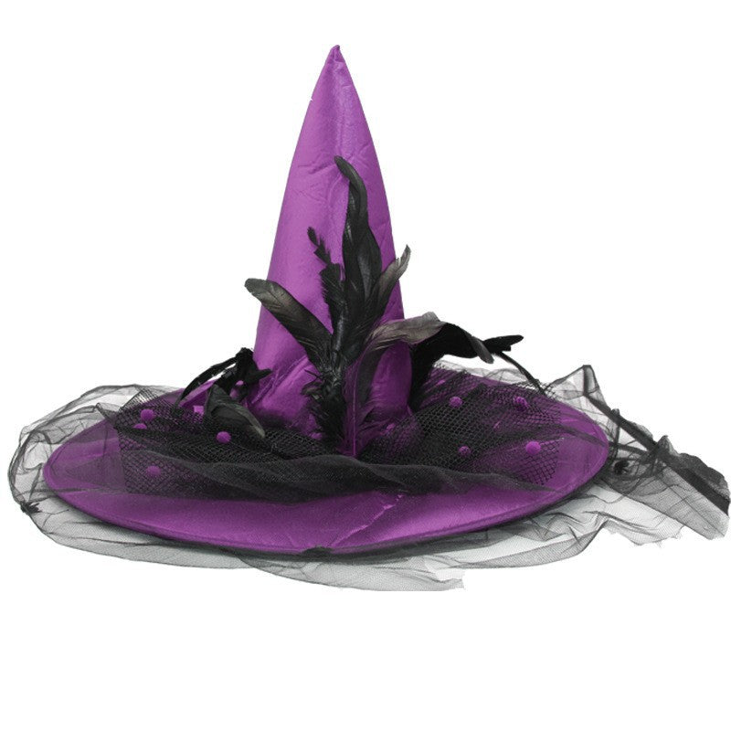 Feathered Witch Hat With Gathered Tulle Brim - Purple