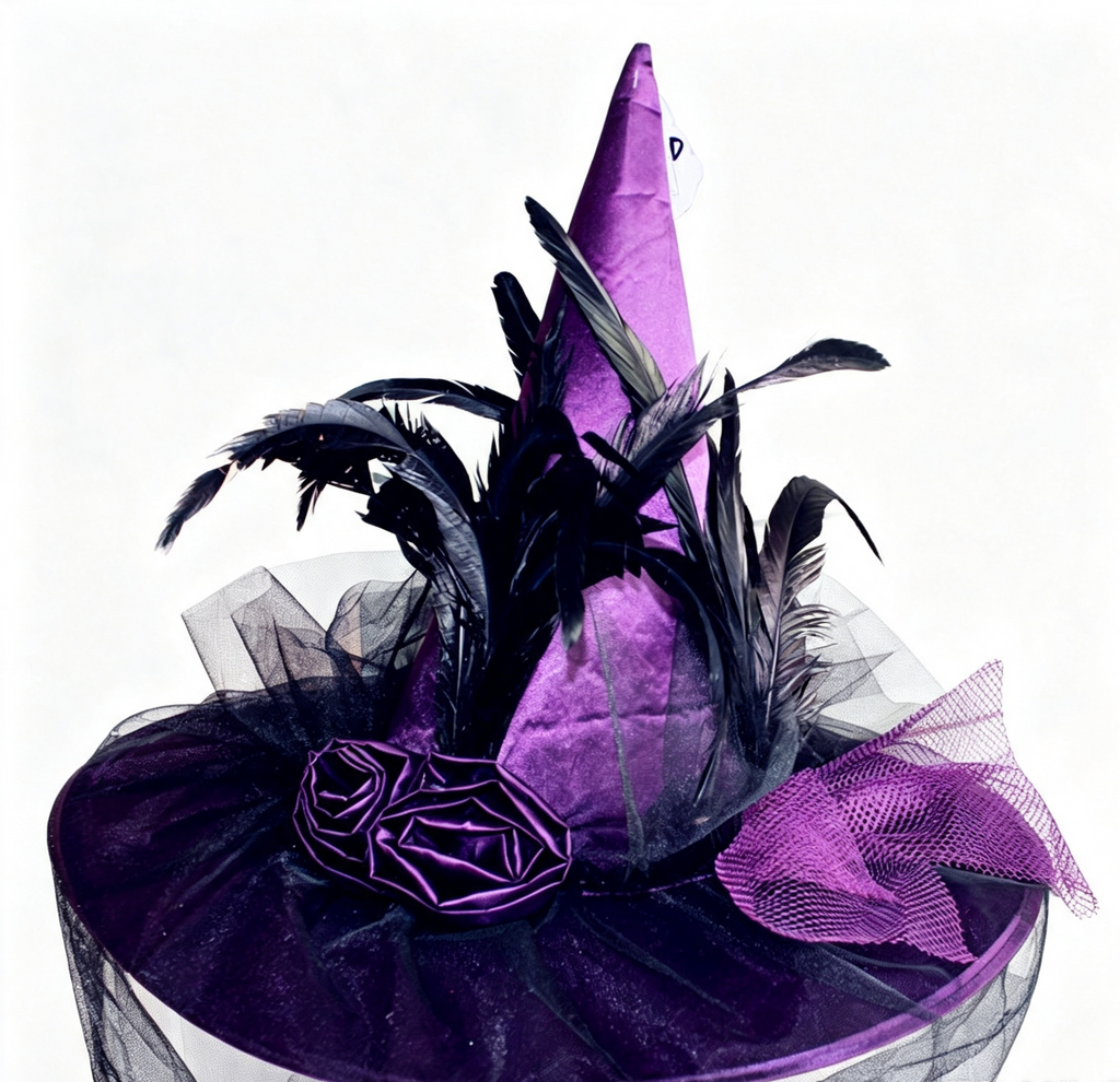 Feathered Witch Hat With Gathered Tulle Brim - Purple - 1