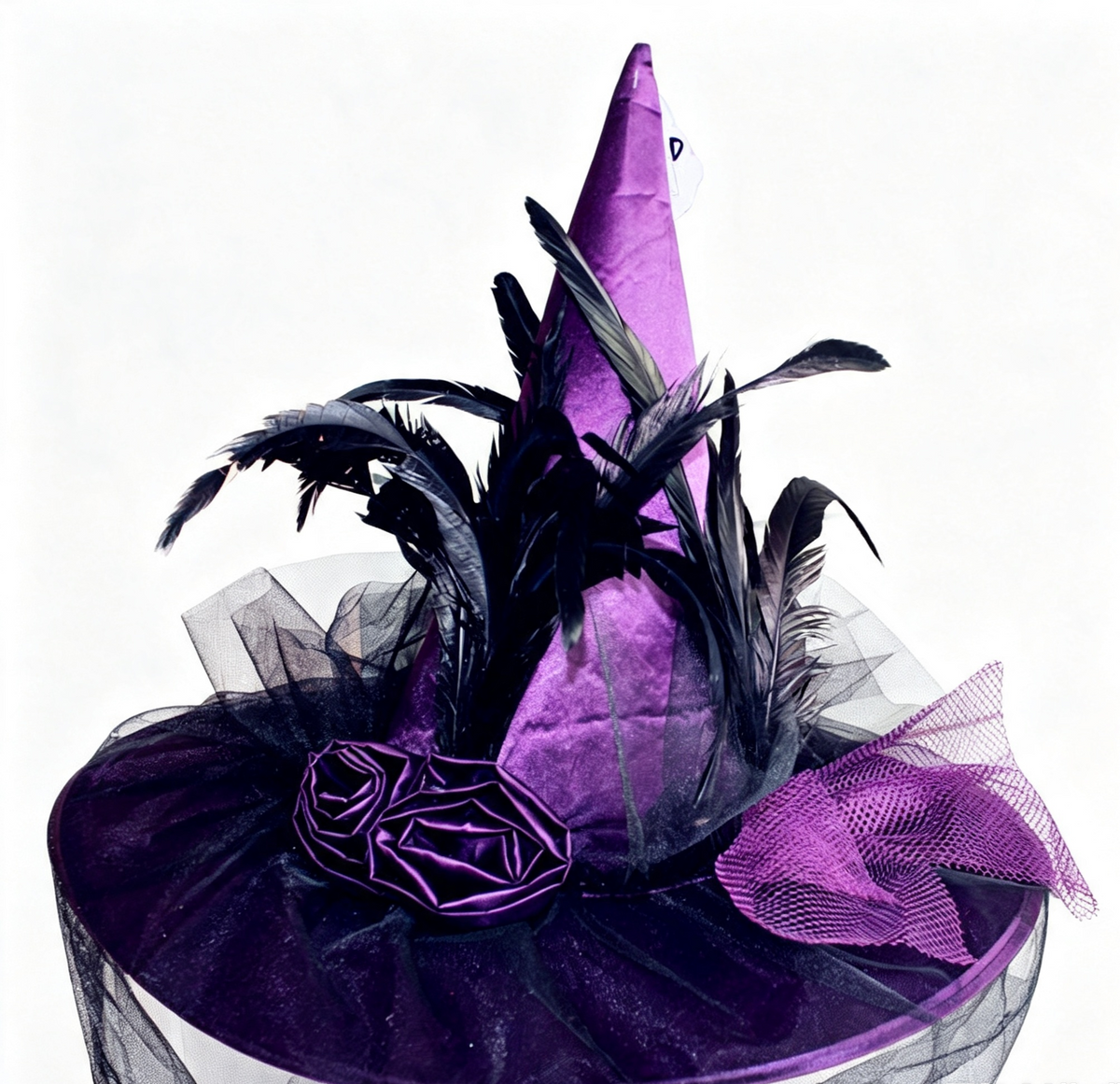 Feathered Witch Hat With Gathered Tulle Brim - Purple - 1