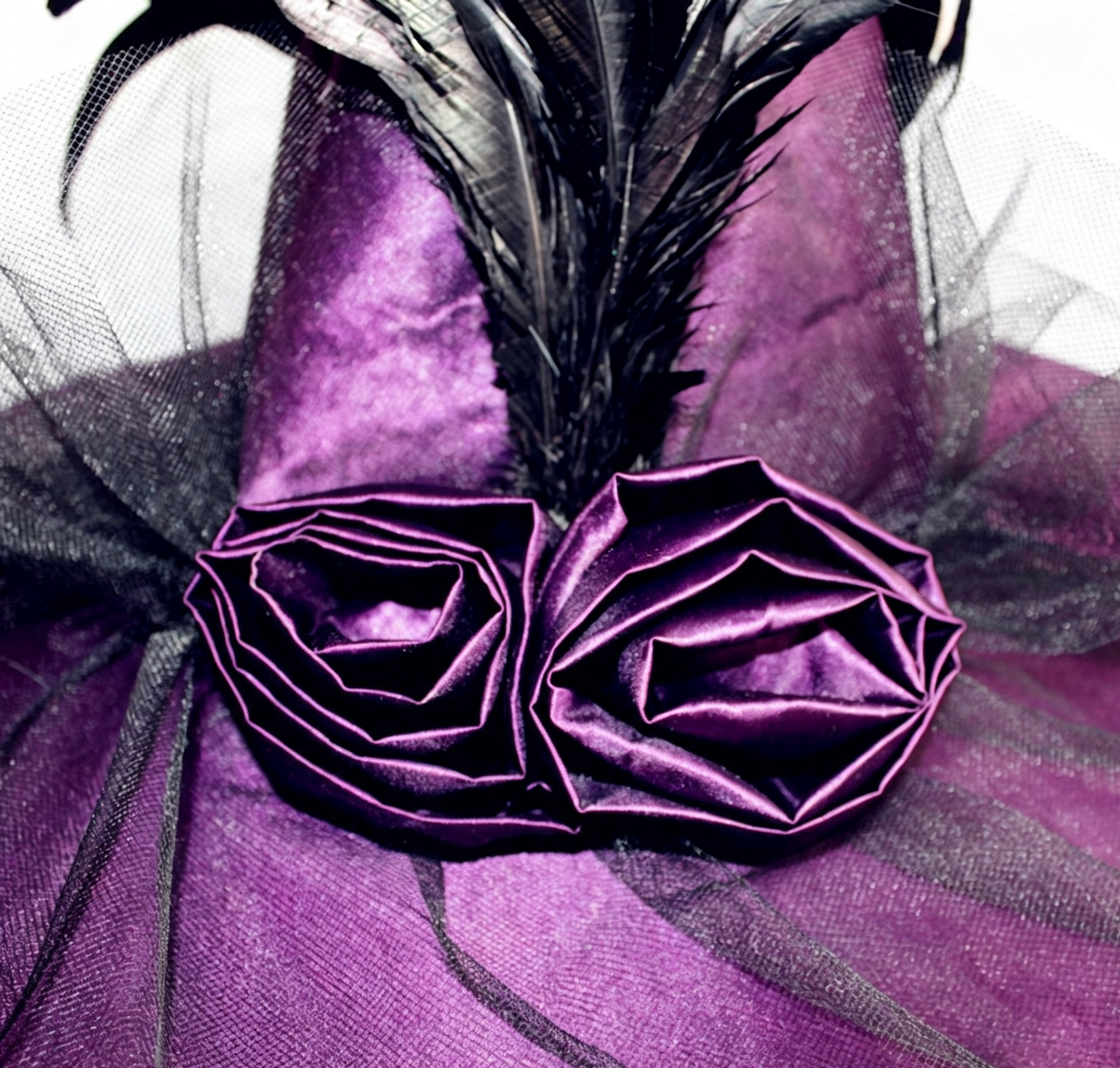 Feathered Witch Hat With Gathered Tulle Brim - Purple - 2