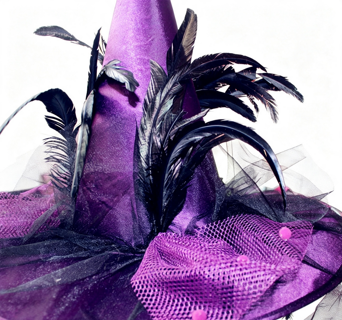 Feathered Witch Hat With Gathered Tulle Brim - Purple - 3