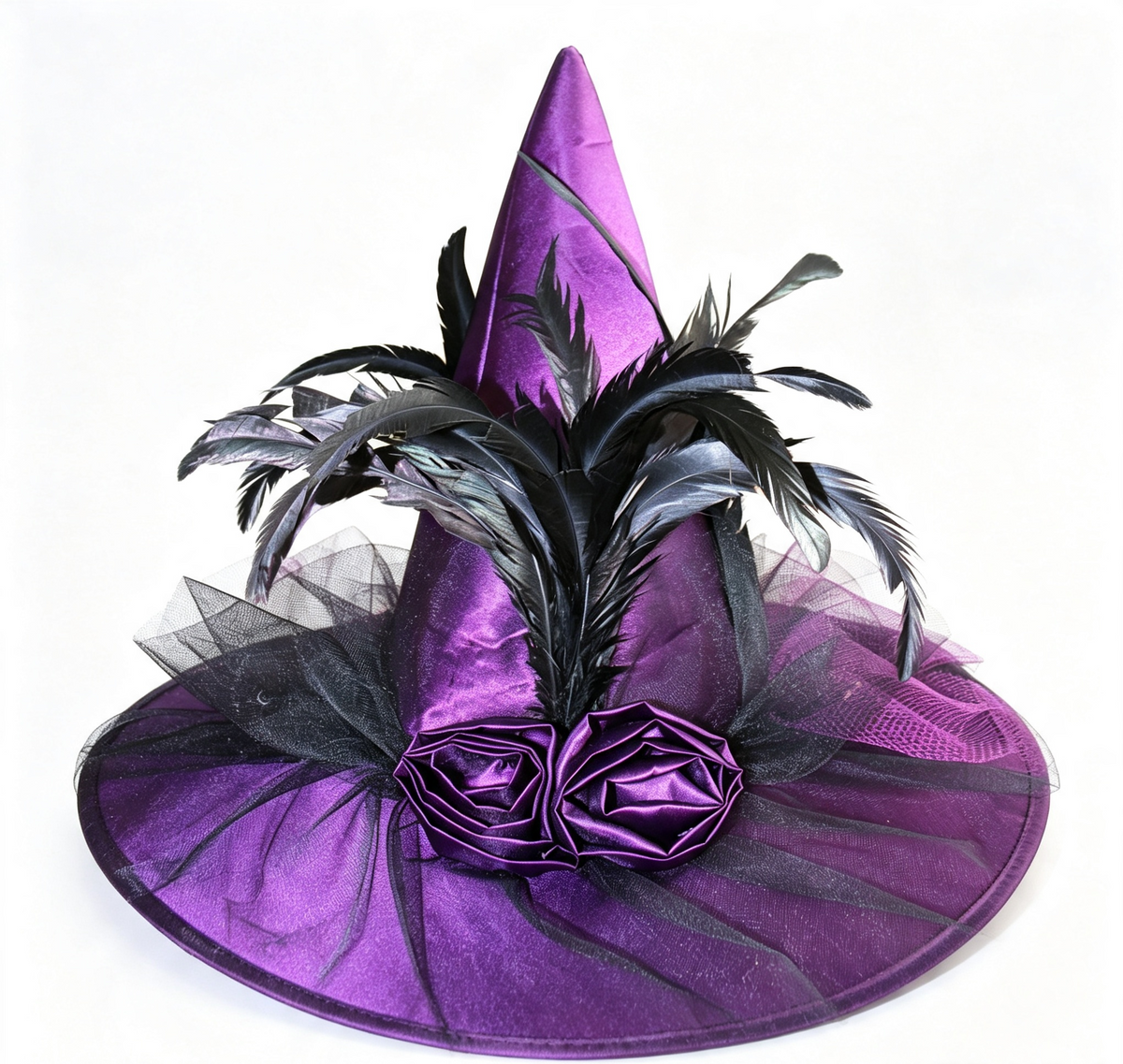 Feathered Witch Hat With Gathered Tulle Brim - Purple - 4