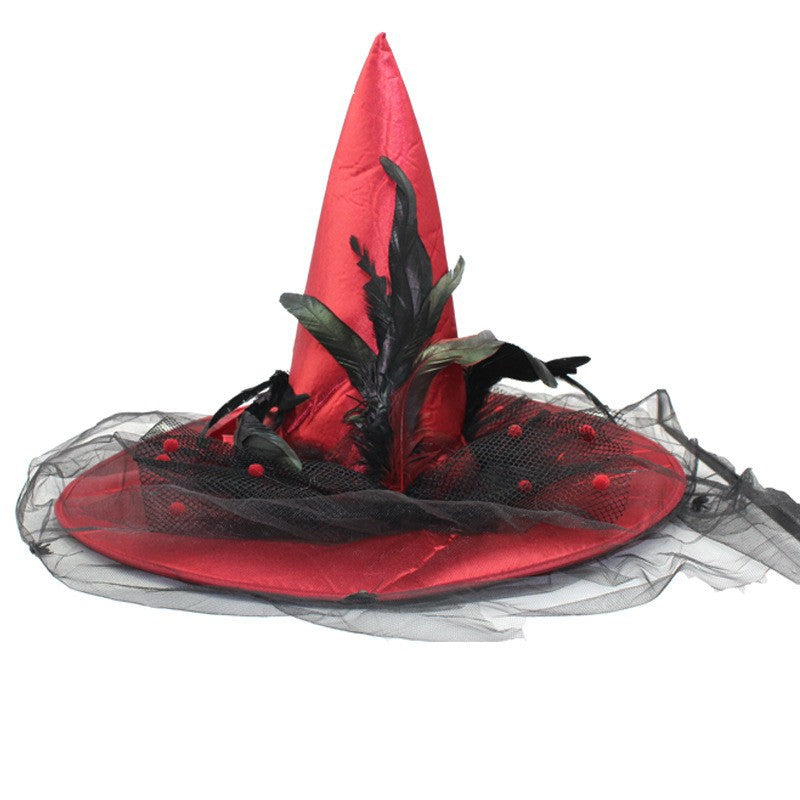 Feathered Witch Hat With Gathered Tulle Brim - Red