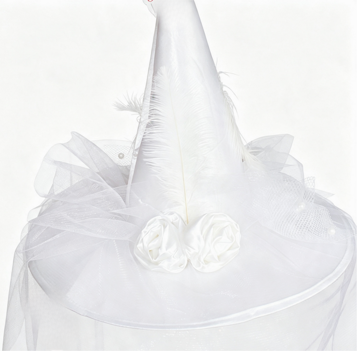 Feathered Witch Hat With Gathered Tulle Brim - White