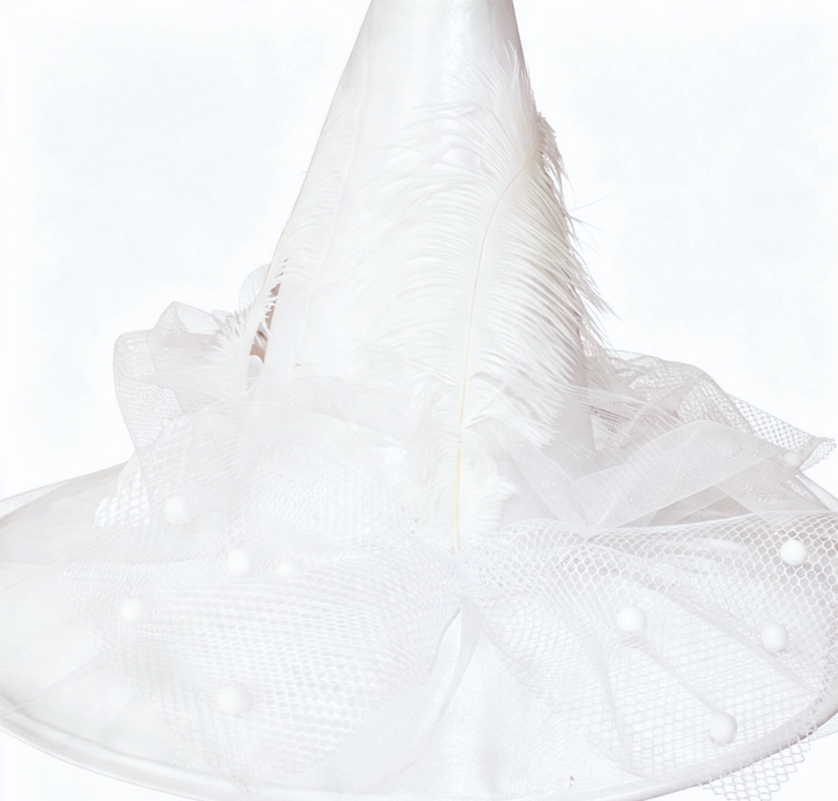 Feathered Witch Hat With Gathered Tulle Brim - White - 1