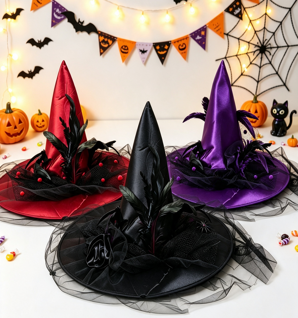 Feathered Witch Hat With Gathered Tulle Brim - view 1