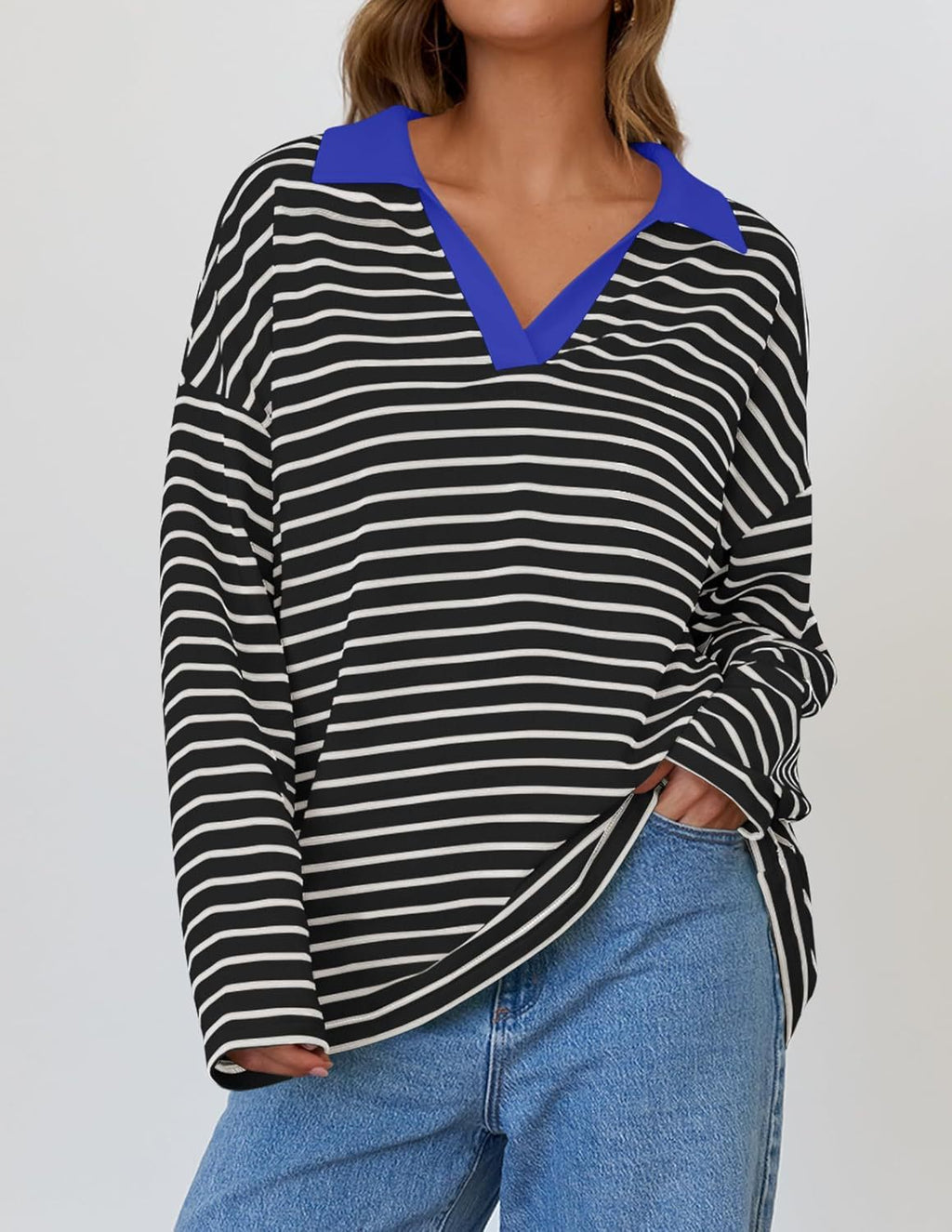 Striped Contrast Collar Oversized Sweatshirt - Black