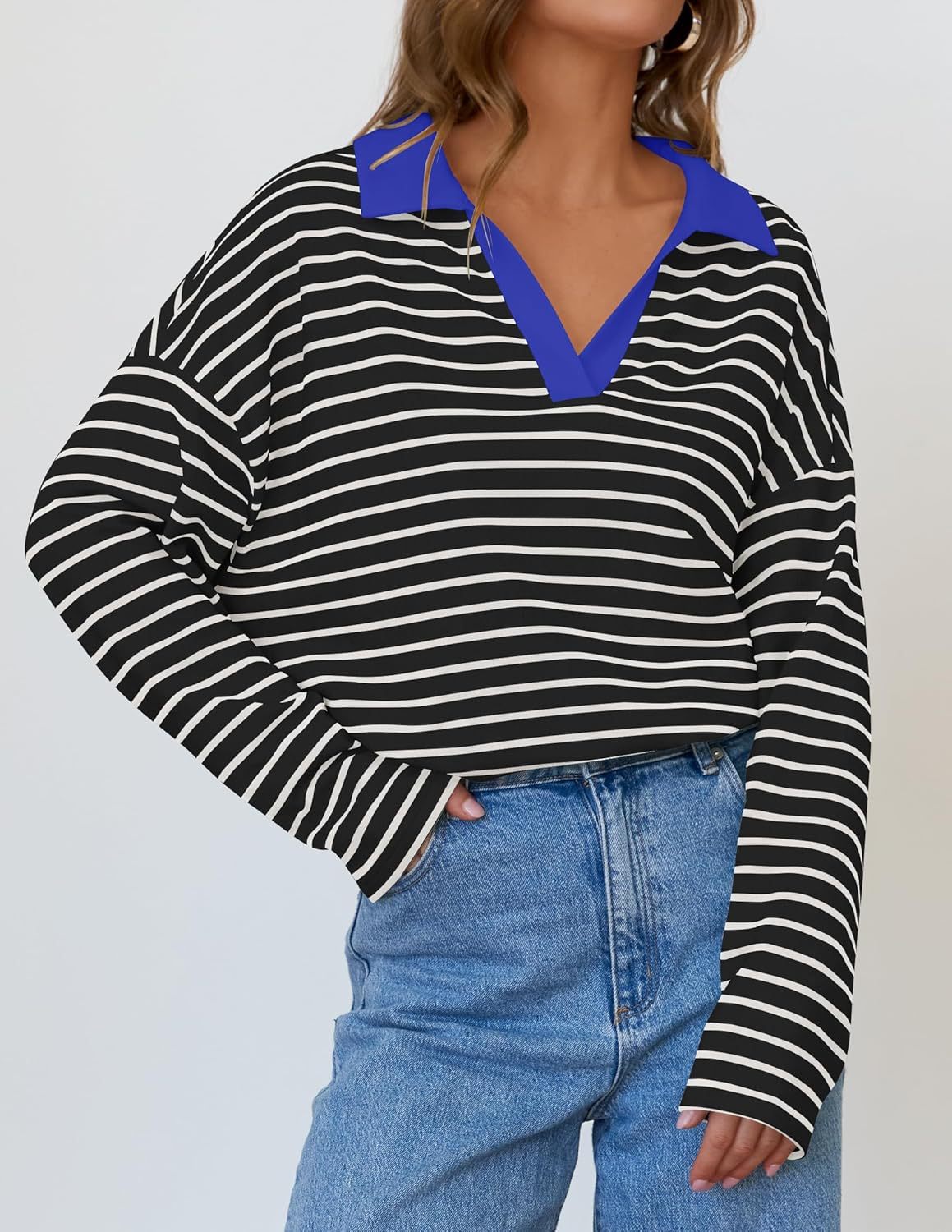 Striped Contrast Collar Oversized Sweatshirt - Black - 1