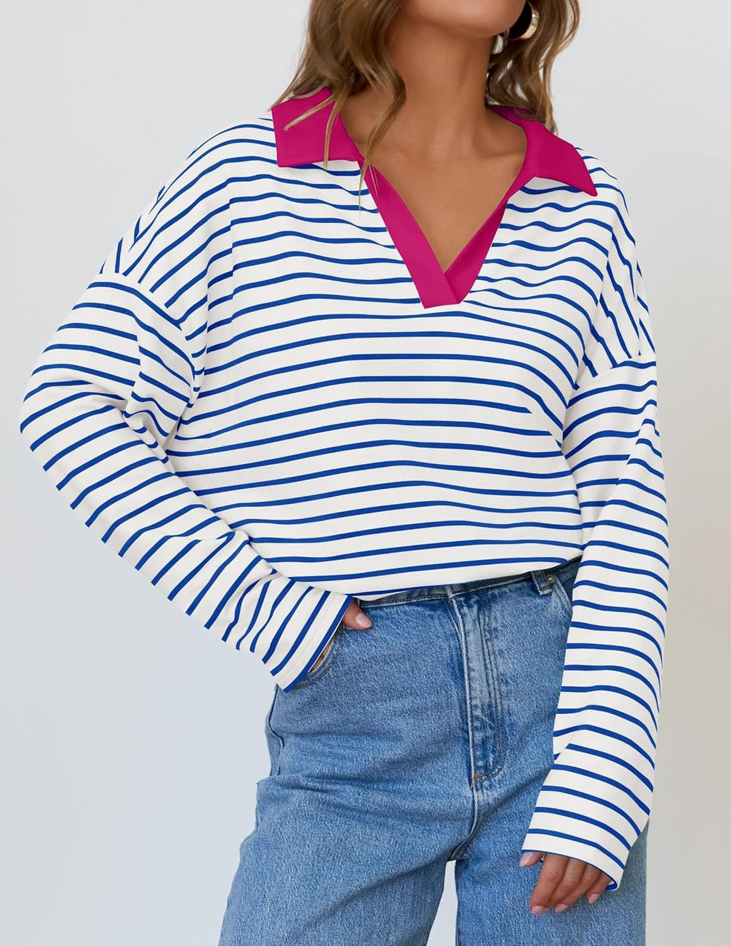 Striped Contrast Collar Oversized Sweatshirt - Blue