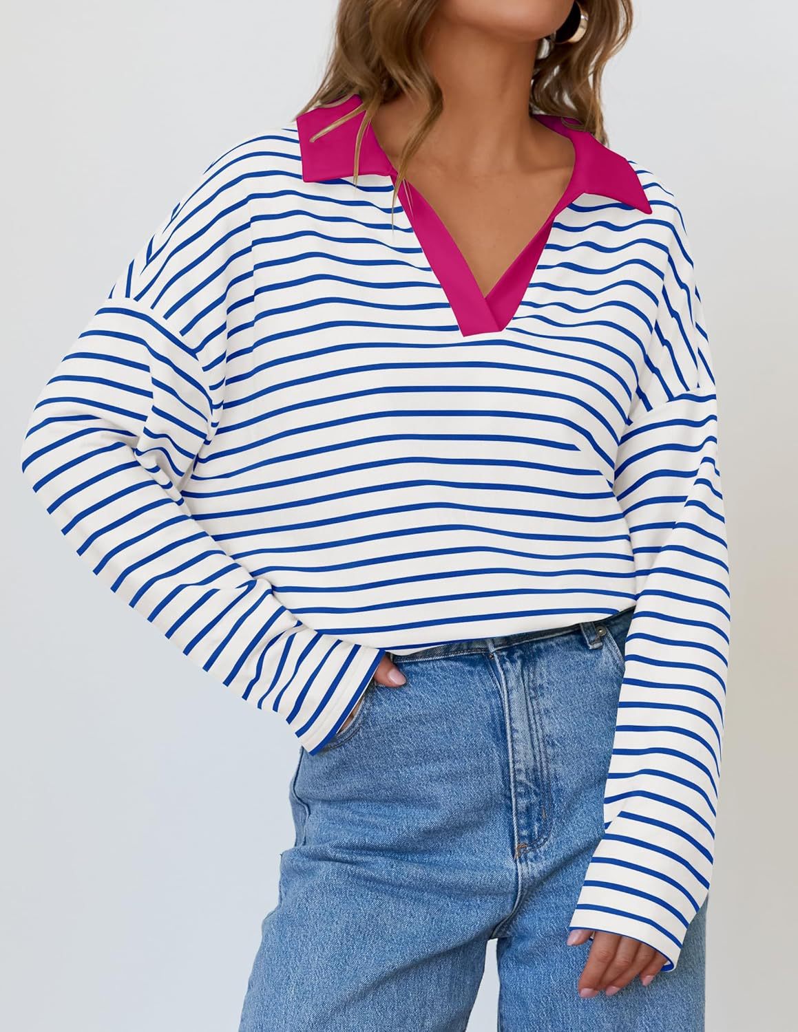 Striped Contrast Collar Oversized Sweatshirt - Blue