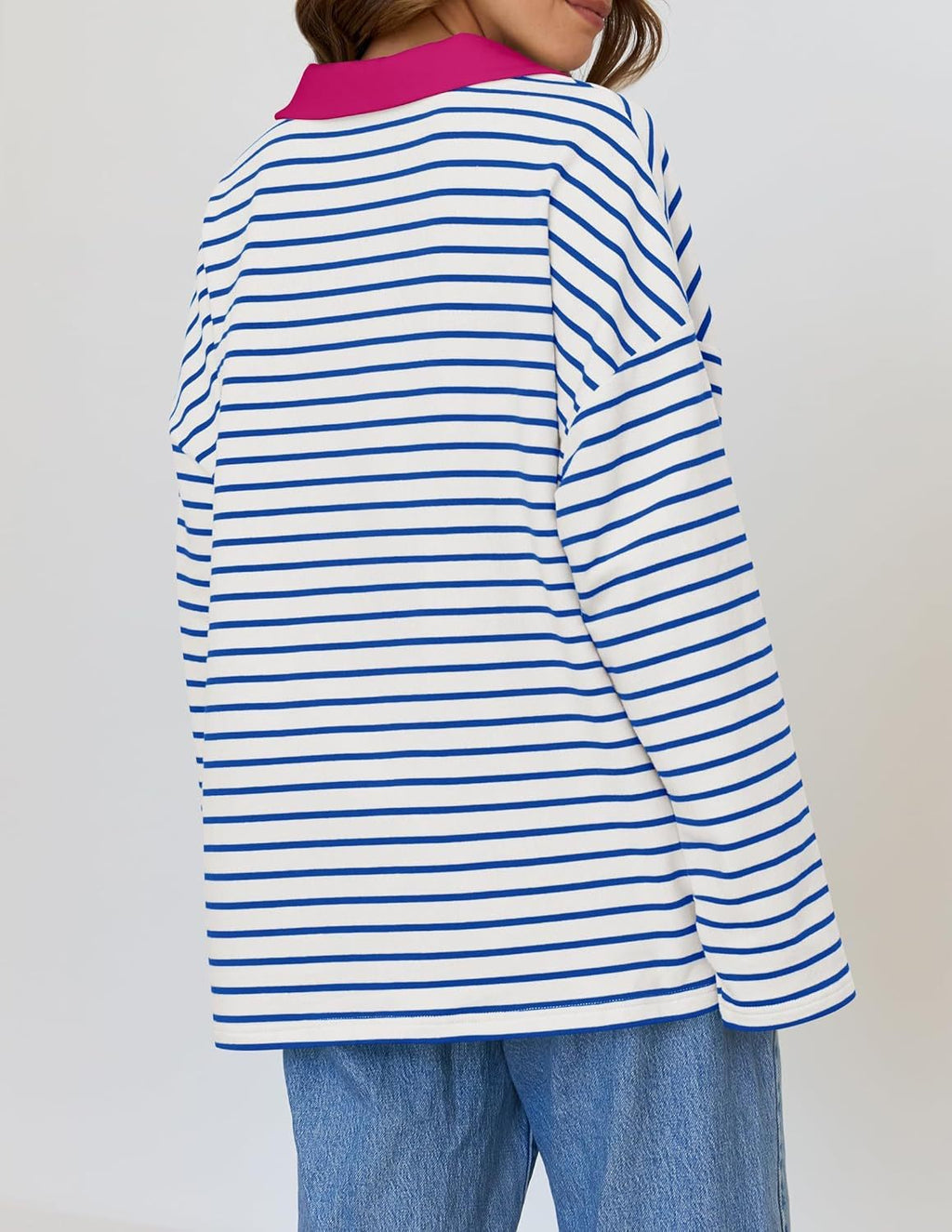 Striped Contrast Collar Oversized Sweatshirt - Blue - 1