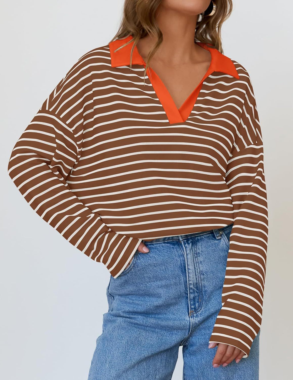 Striped Contrast Collar Oversized Sweatshirt - Coffee
