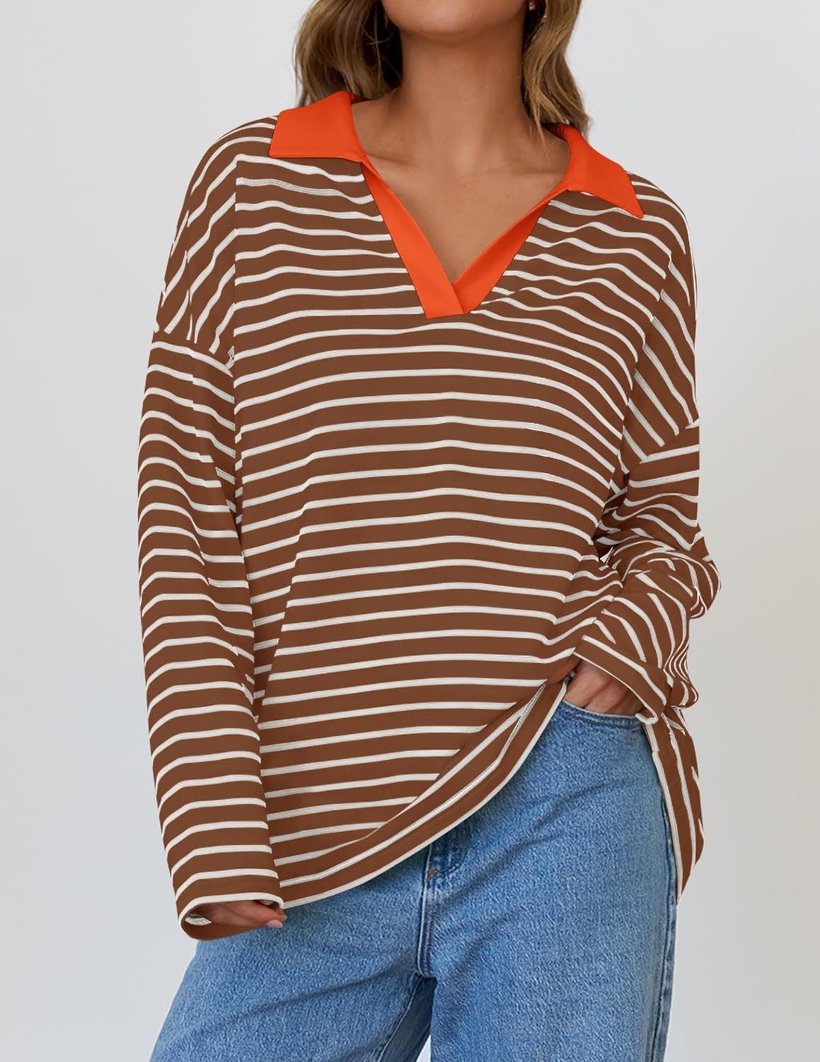 Striped Contrast Collar Oversized Sweatshirt - Coffee - 1
