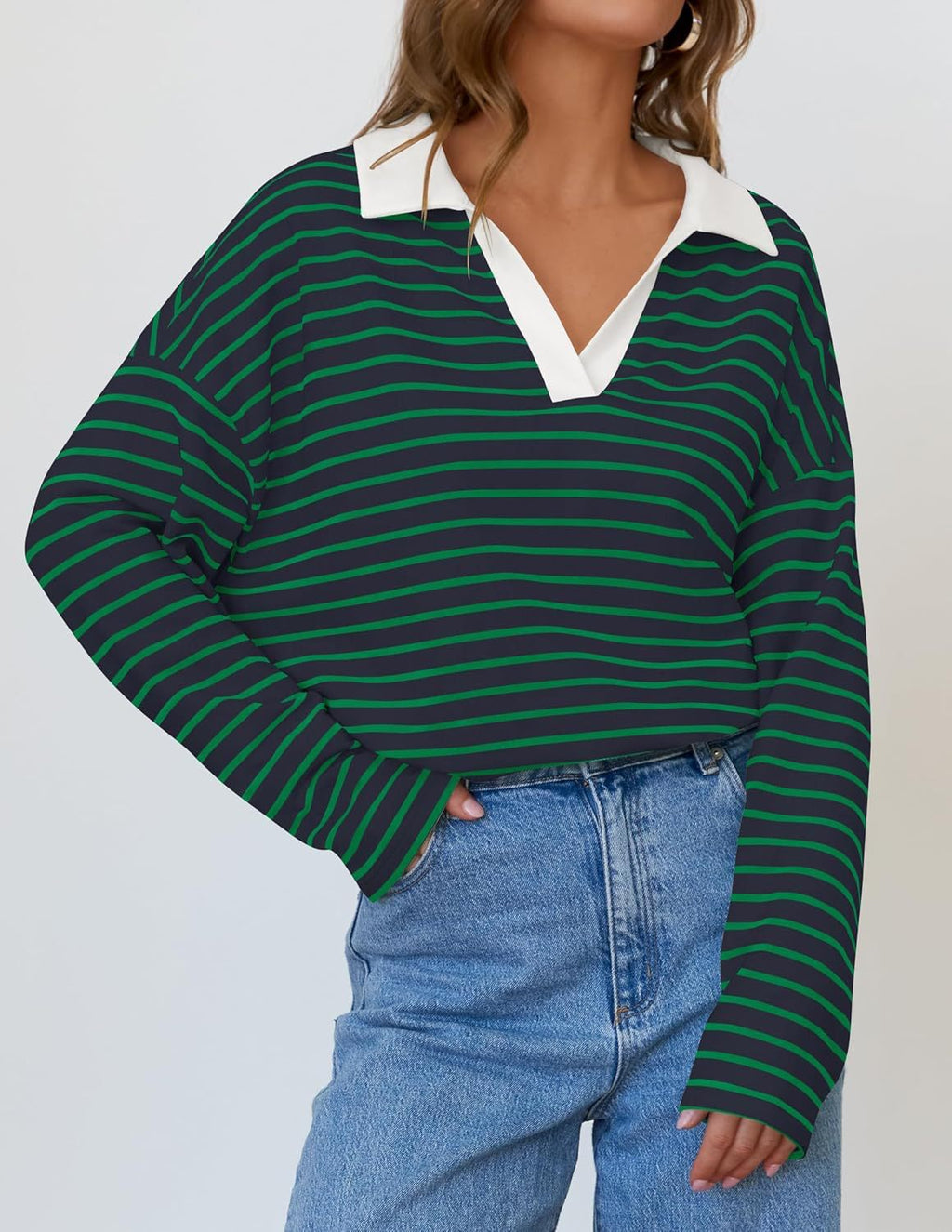 Striped Contrast Collar Oversized Sweatshirt - Darkgreen