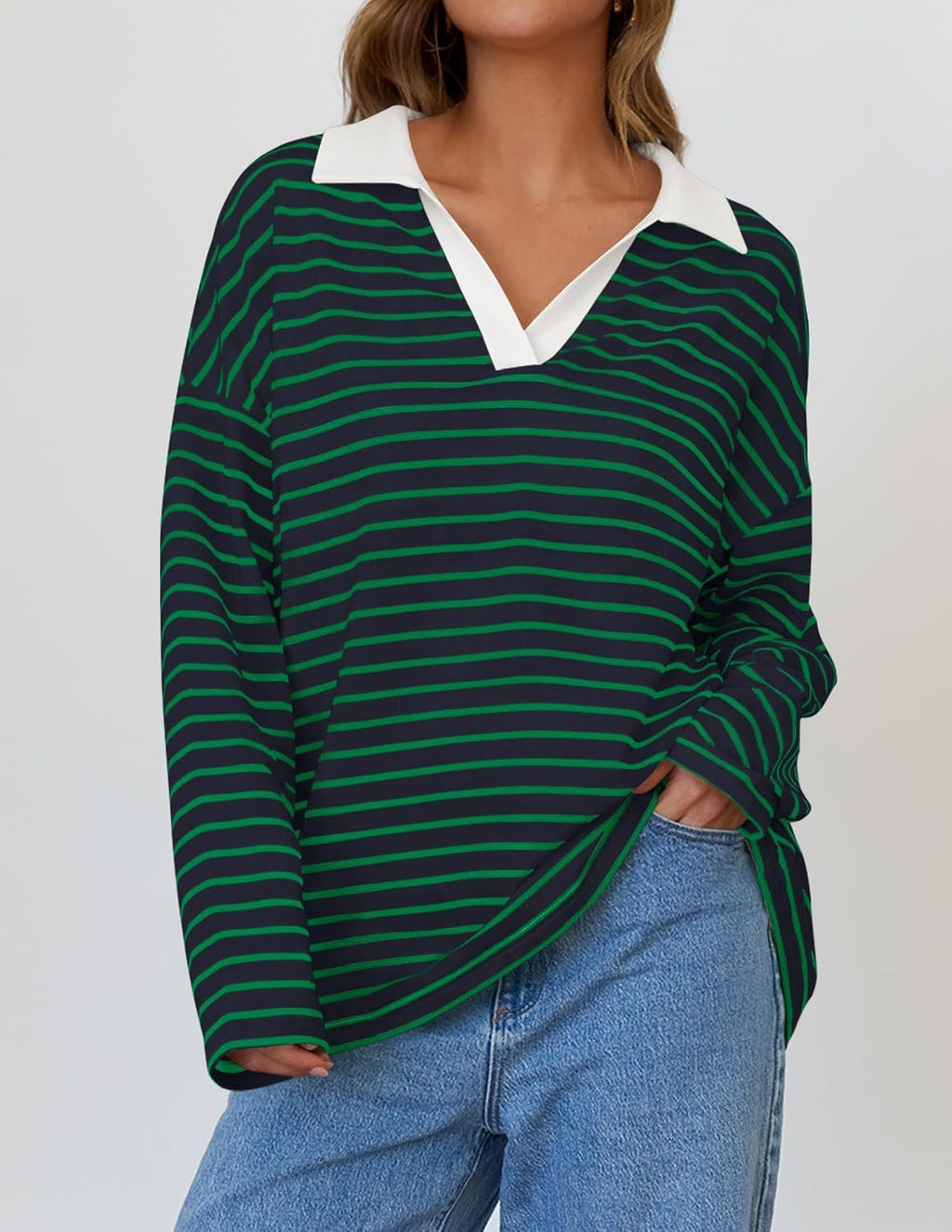 Striped Contrast Collar Oversized Sweatshirt - Darkgreen - 1