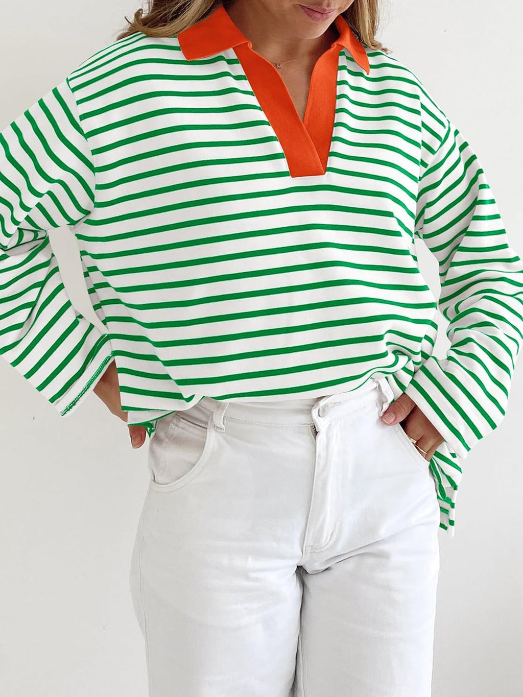 Striped Contrast Collar Oversized Sweatshirt - Green