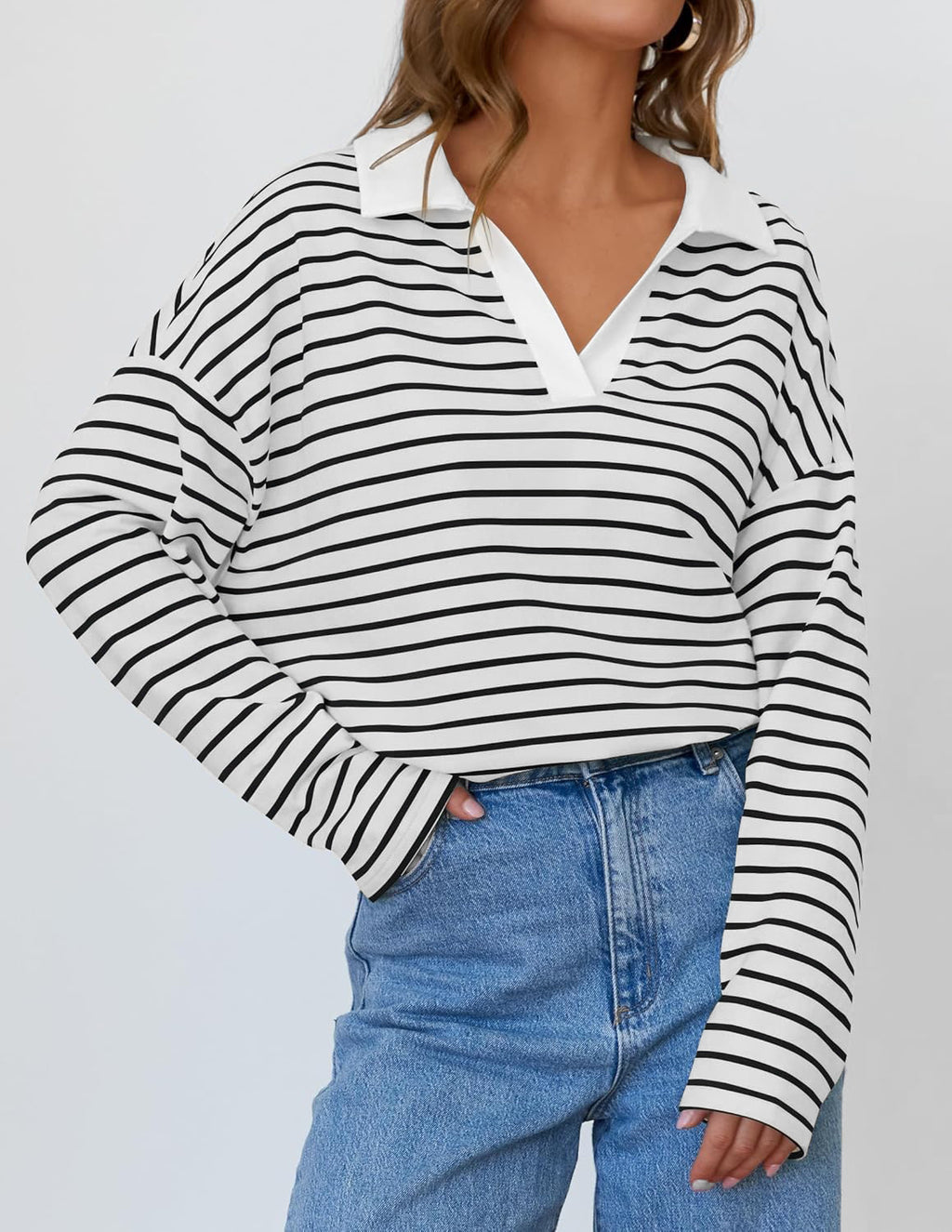 Striped Contrast Collar Oversized Sweatshirt - White