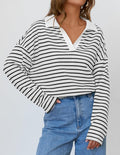 Striped Contrast Collar Oversized Sweatshirt - White