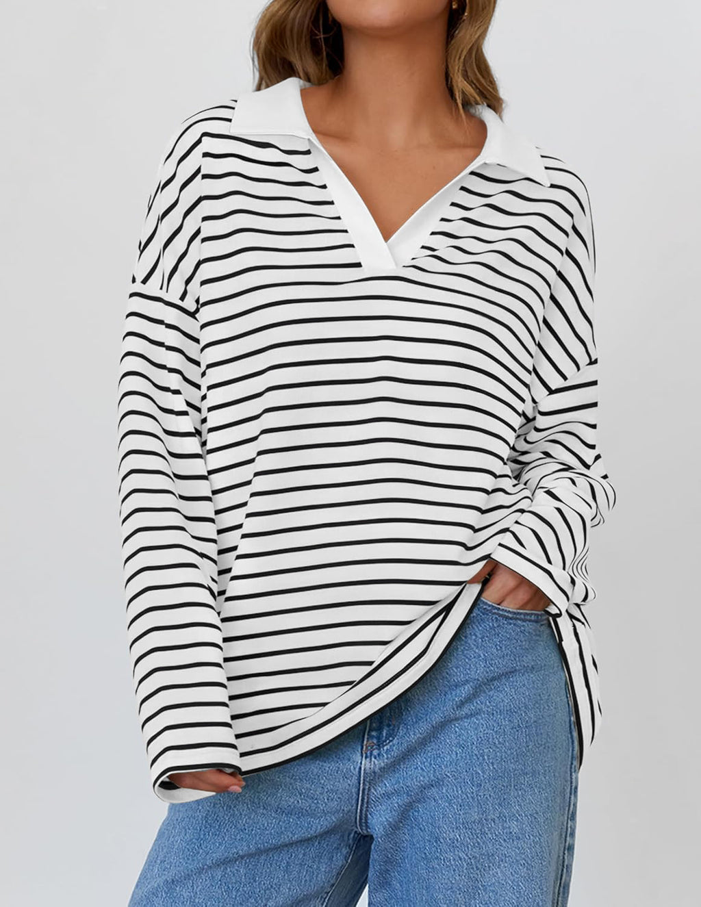 Striped Contrast Collar Oversized Sweatshirt - White - 1