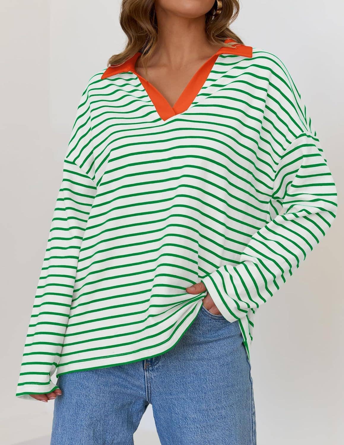 Striped Contrast Collar Oversized Sweatshirt