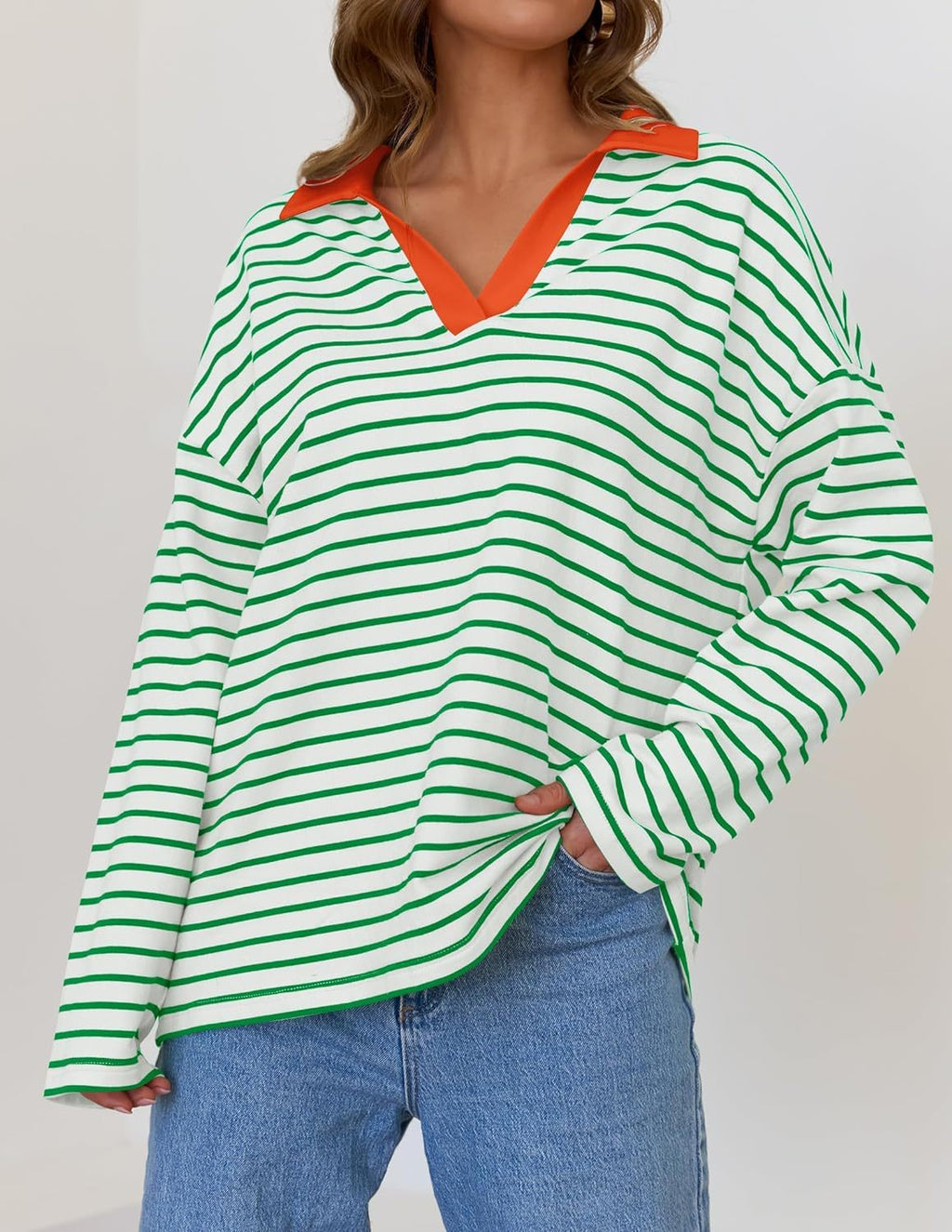 Striped Contrast Collar Oversized Sweatshirt - view 1
