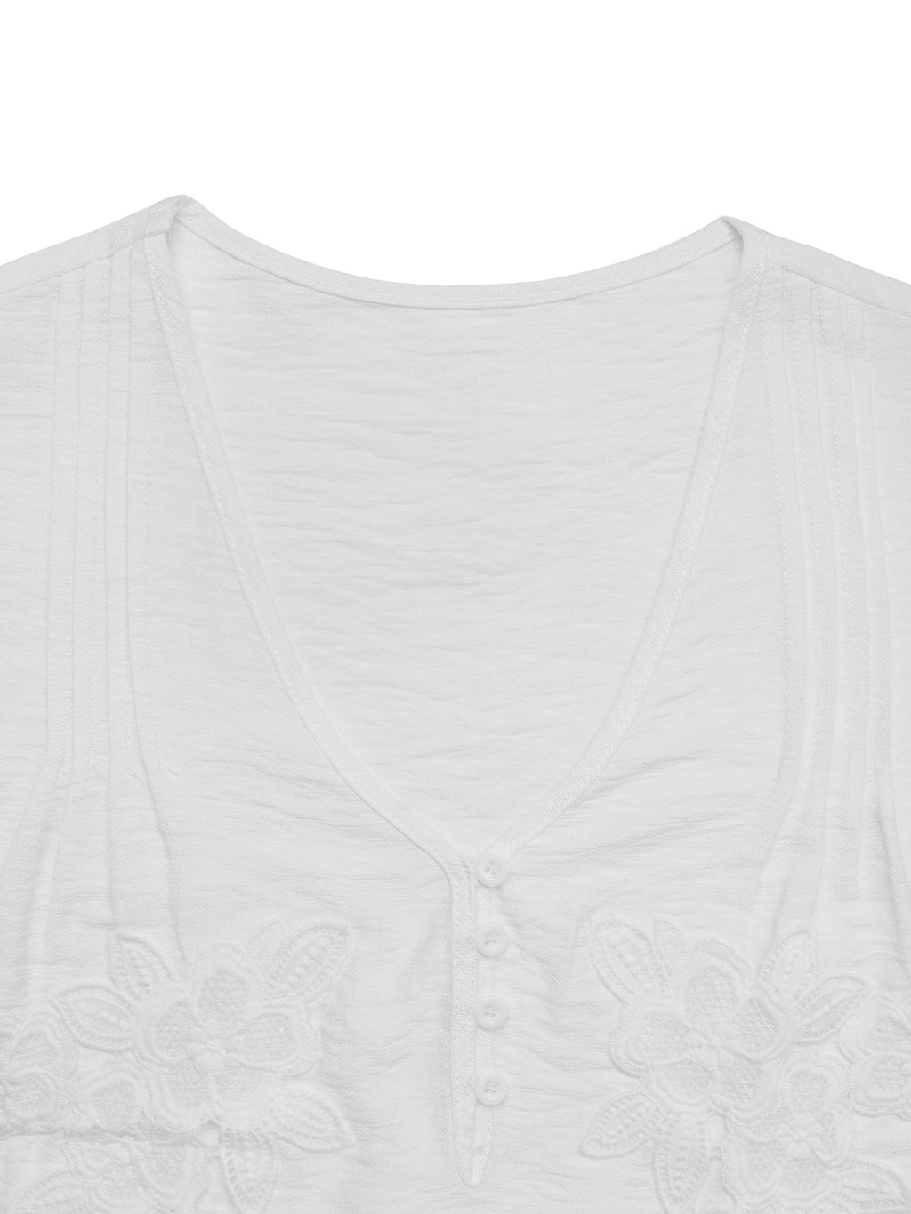 Embossed Floral V Neck Short Sleeve Top - White - 1