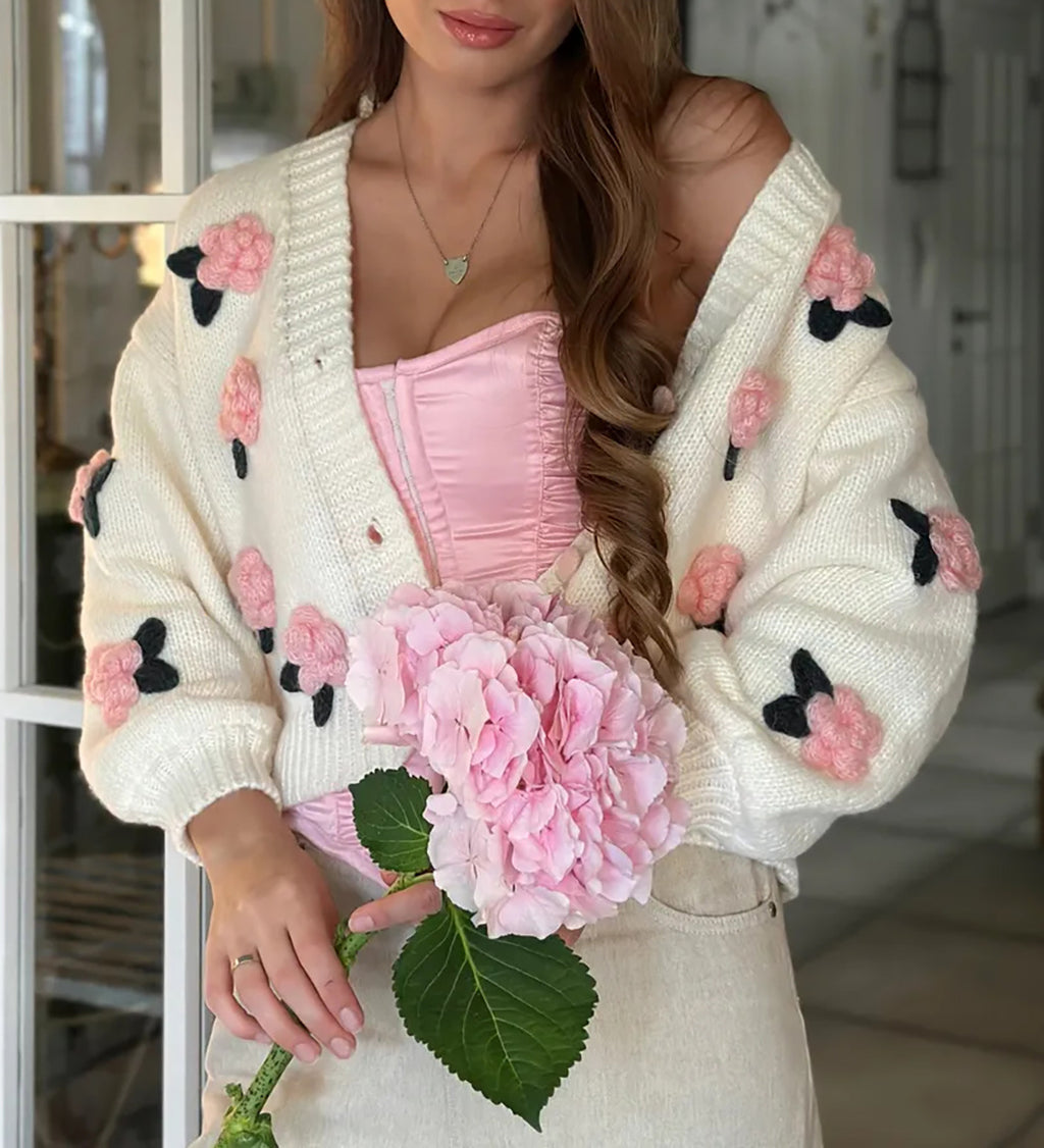 Three Dimensional Rose Knit Cardigan - Pink