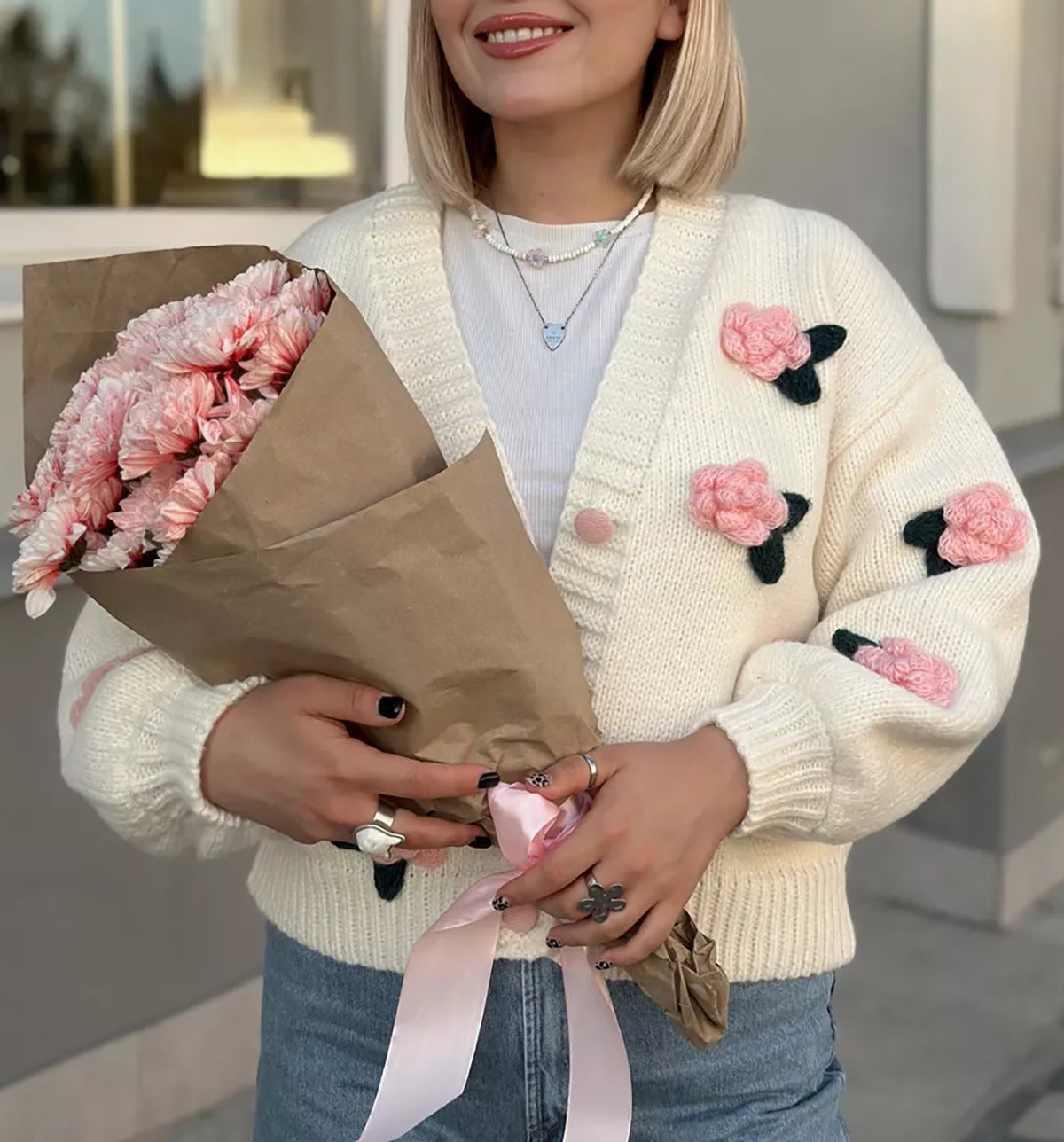 Three Dimensional Rose Knit Cardigan - Pink - 1