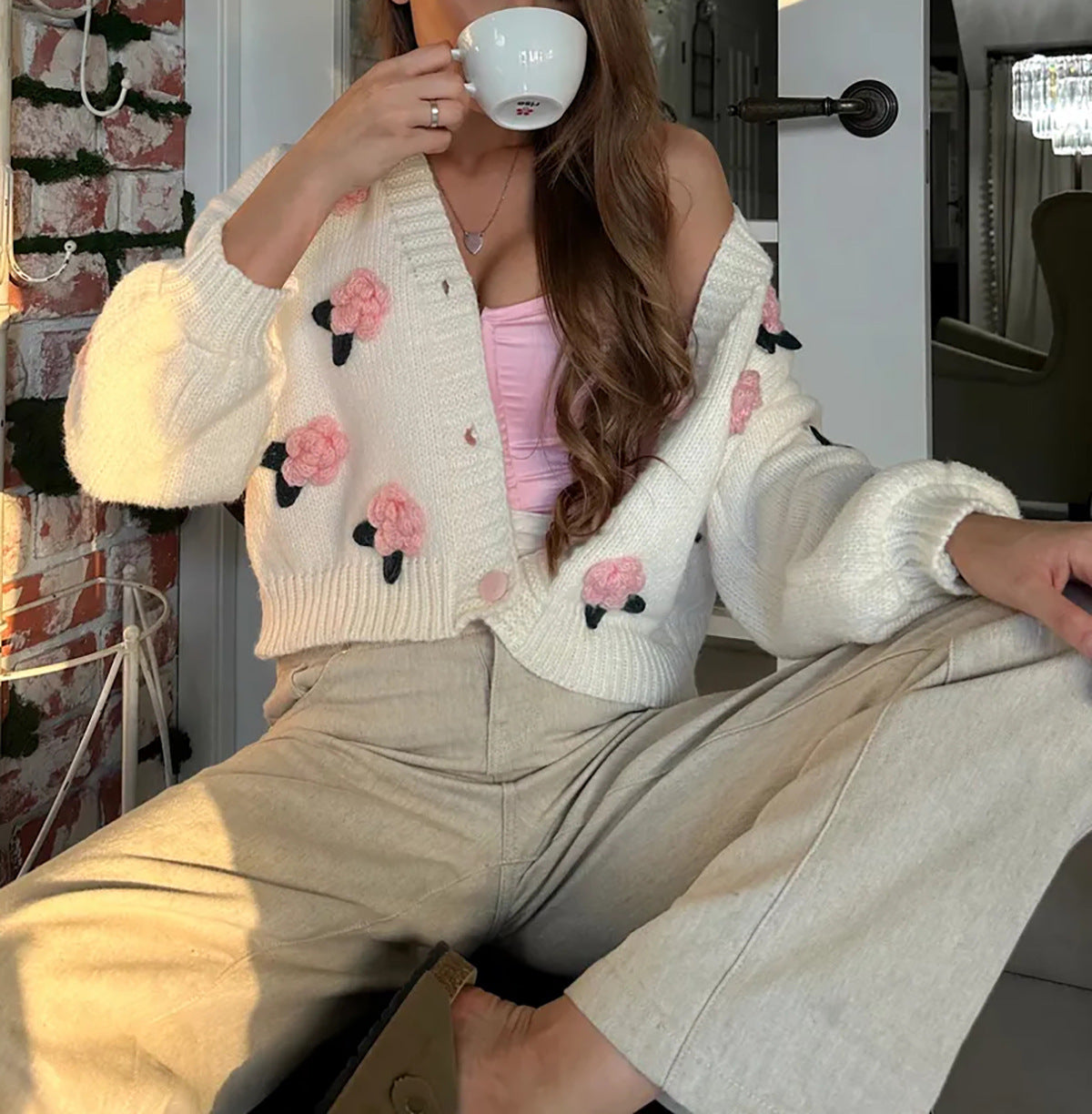 Three Dimensional Rose Knit Cardigan - Pink - 2