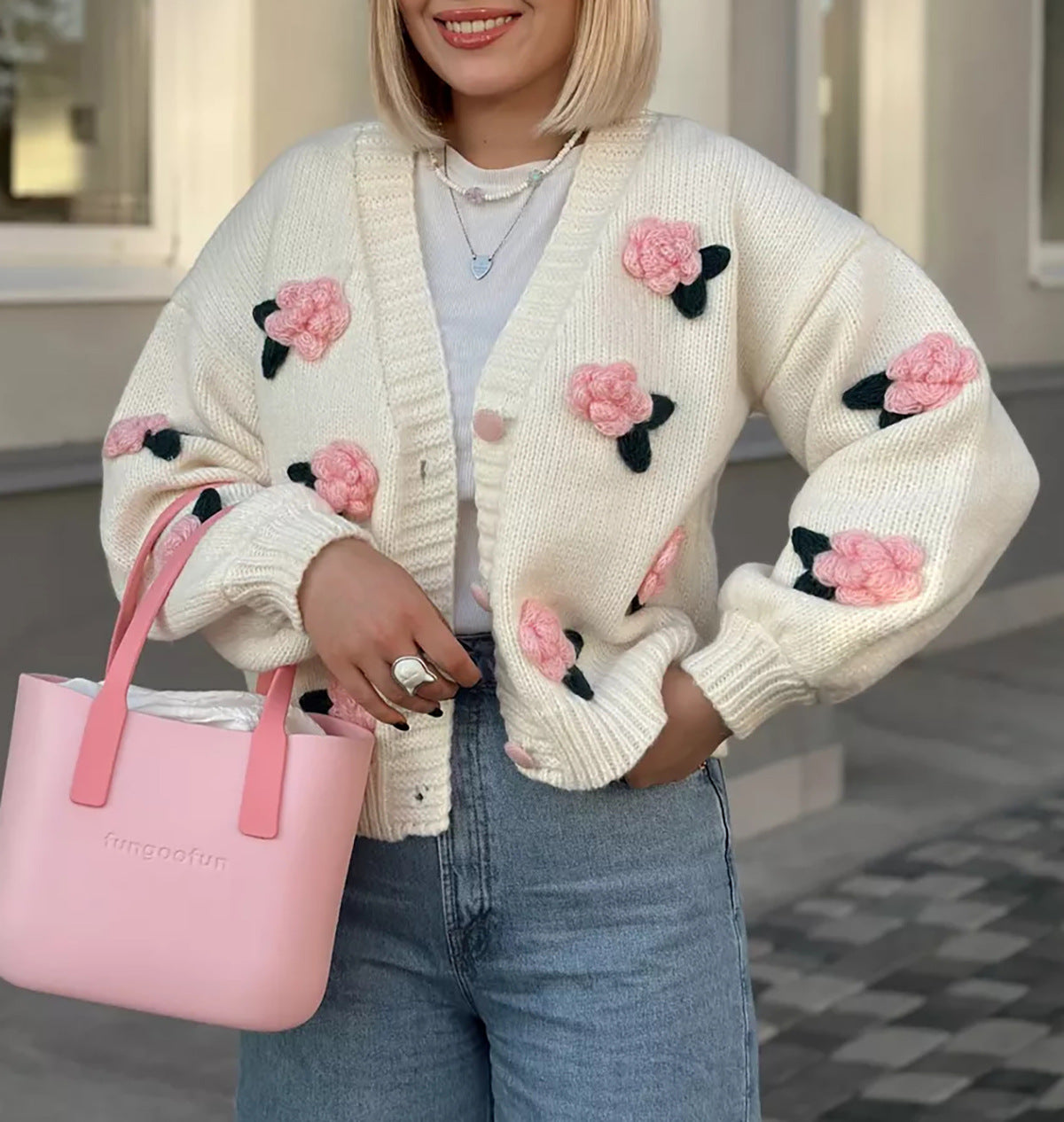 Three Dimensional Rose Knit Cardigan - Pink - 3
