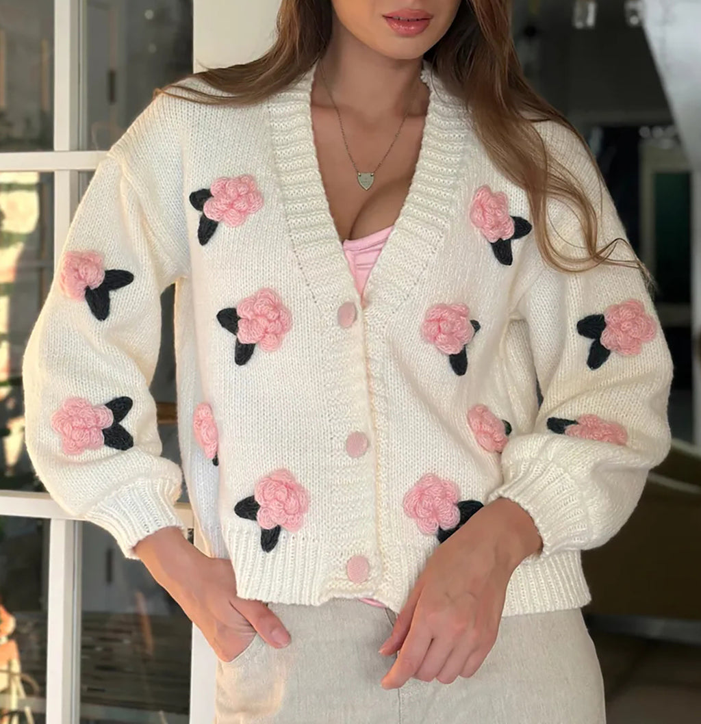 Three Dimensional Rose Knit Cardigan - Pink - 4