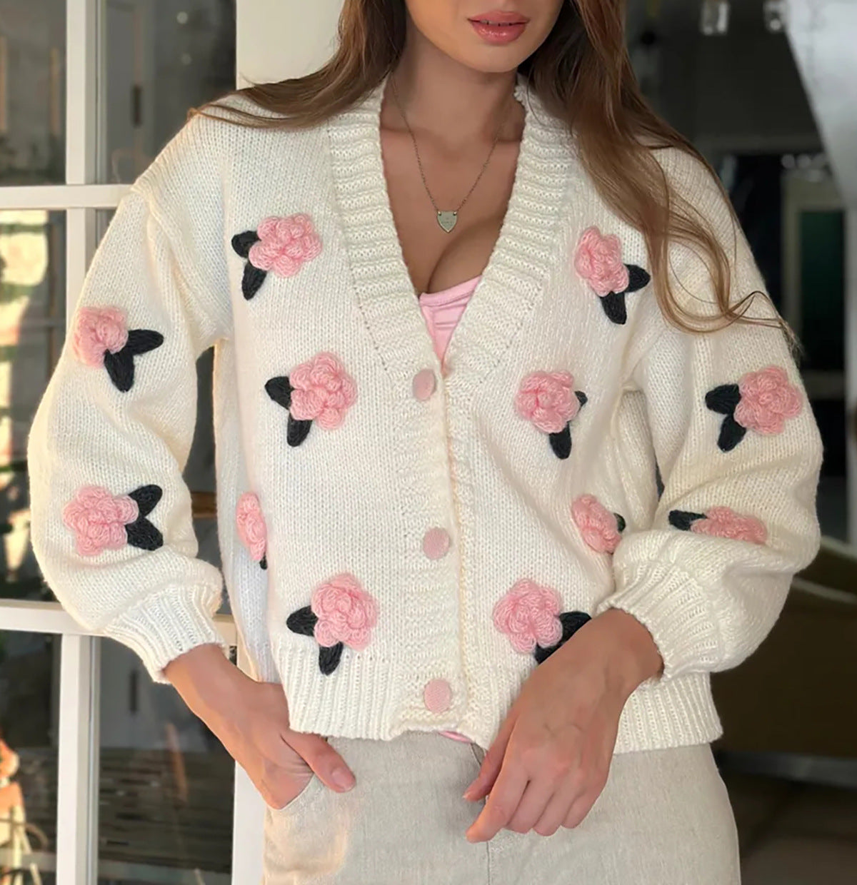 Three Dimensional Rose Knit Cardigan - Pink - 4