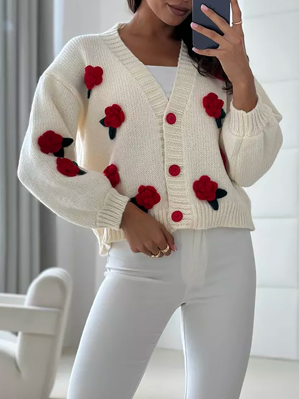 Three Dimensional Rose Knit Cardigan - red - 1