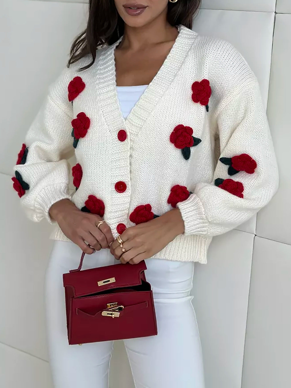 Three Dimensional Rose Knit Cardigan - red - 2