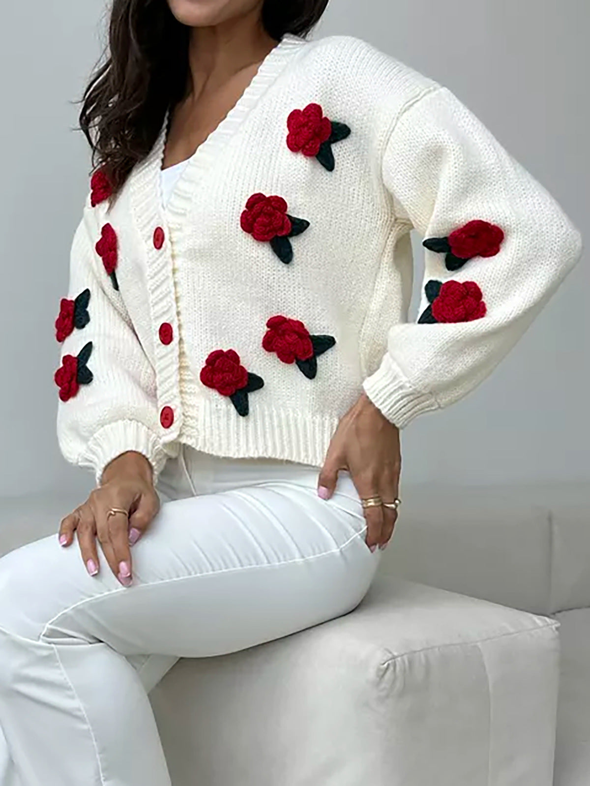 Three Dimensional Rose Knit Cardigan - red - 3