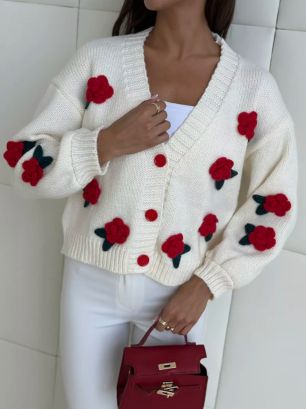 Three Dimensional Rose Knit Cardigan - red - 4