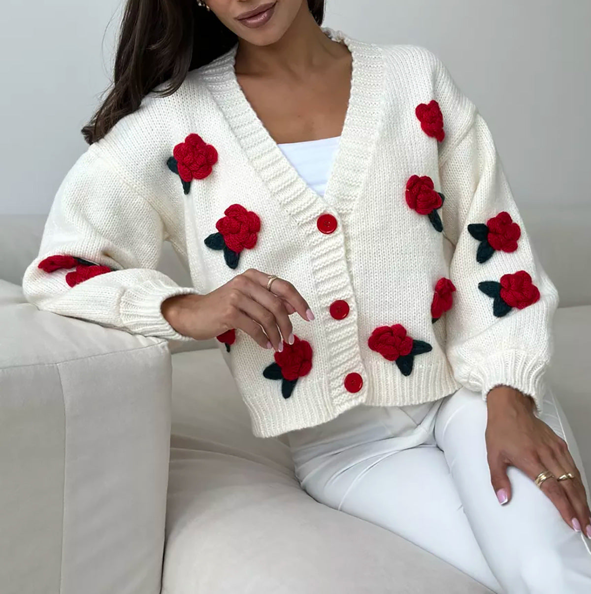 Three Dimensional Rose Knit Cardigan - red - 5