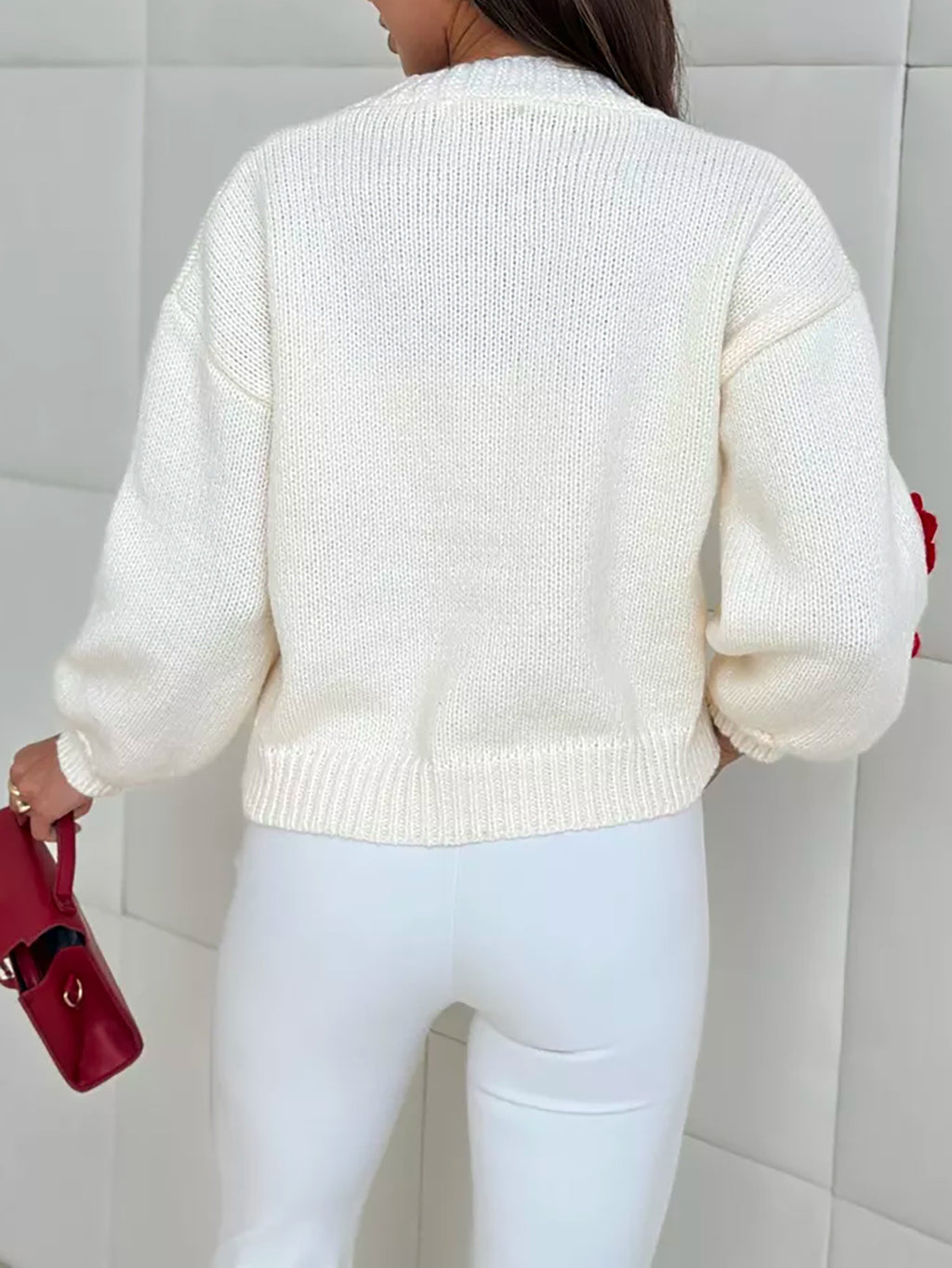 Three Dimensional Rose Knit Cardigan - red - 6