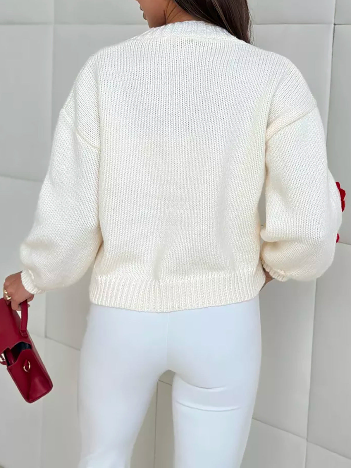 Three Dimensional Rose Knit Cardigan - red - 6