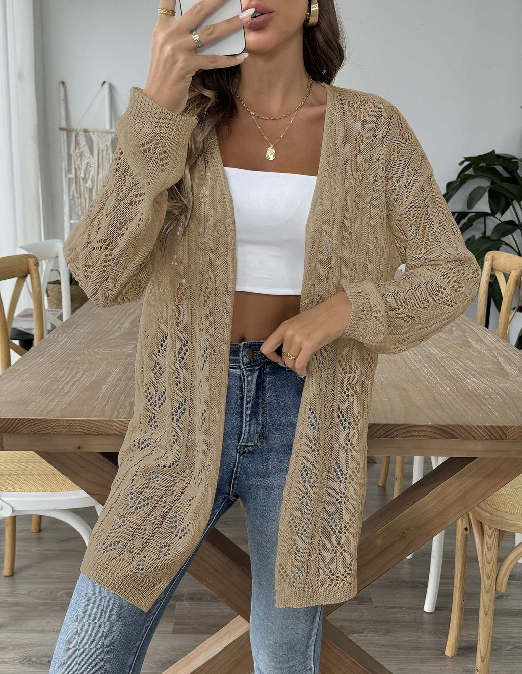Sheer Pointelle Knit Longline Cardigan - Khaki - 2