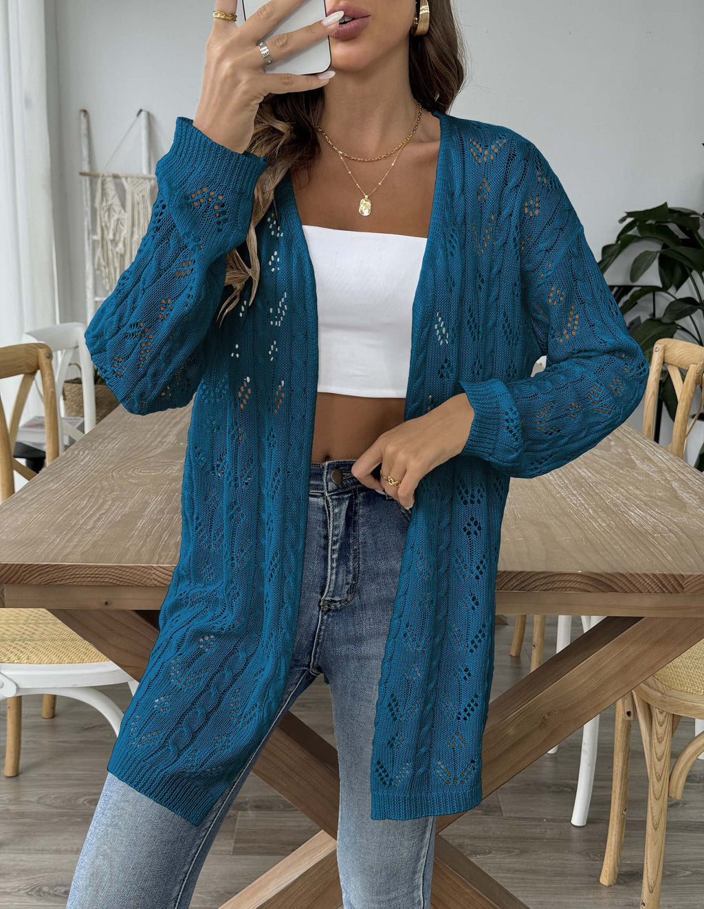 Sheer Pointelle Knit Longline Cardigan - Teal - 2