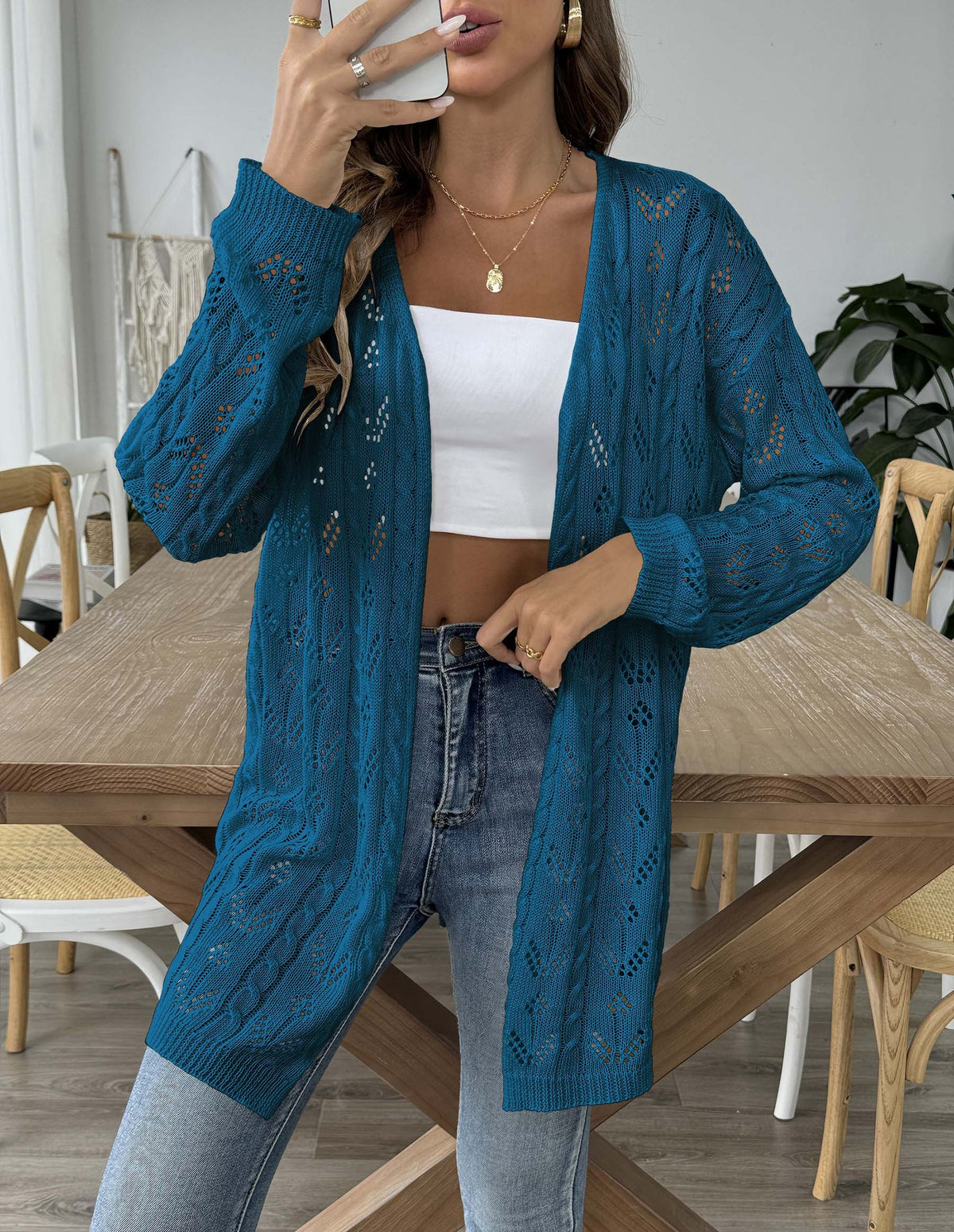 Sheer Pointelle Knit Longline Cardigan - Teal - 2