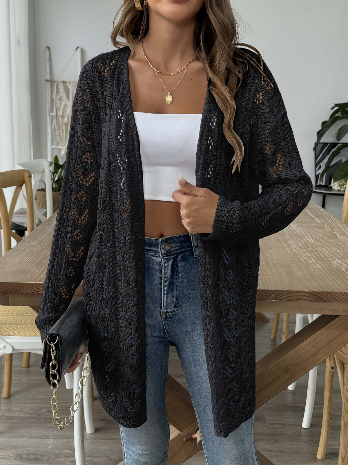 Sheer Pointelle Knit Longline Cardigan - black