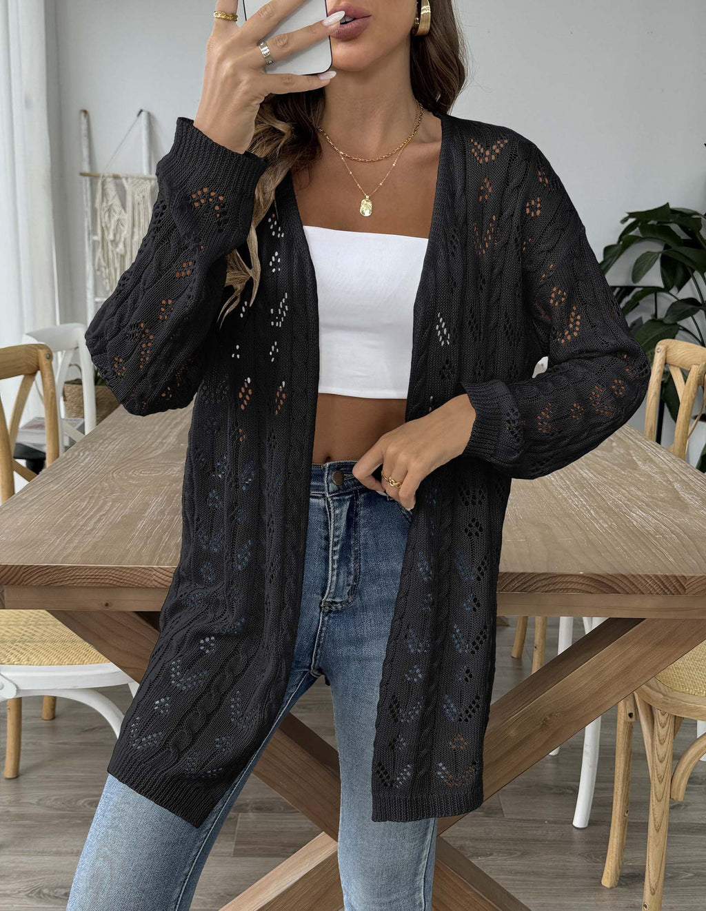 Sheer Pointelle Knit Longline Cardigan - black - 2