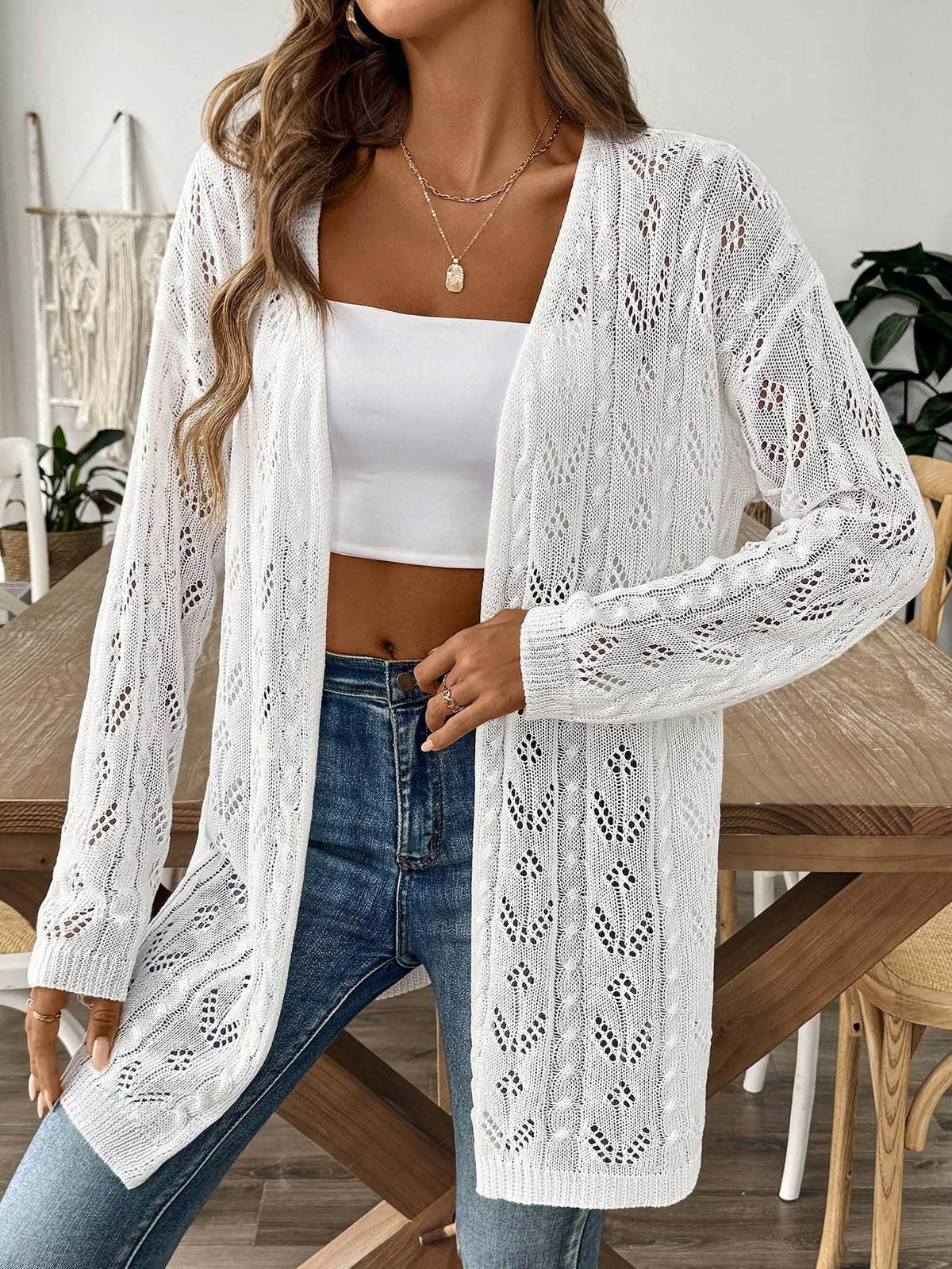 Sheer Pointelle Knit Longline Cardigan - white - 3
