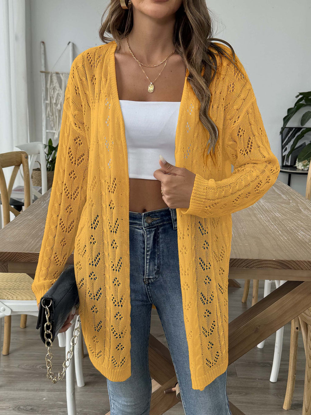 Sheer Pointelle Knit Longline Cardigan - yellow - 2