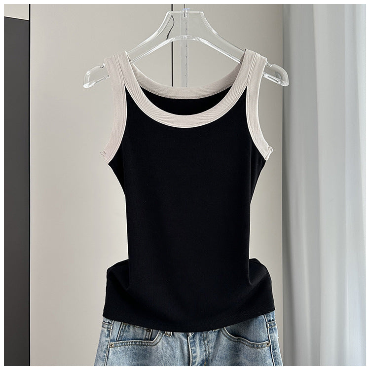 Contrast Trim Ribbed Fitted Tank - Black